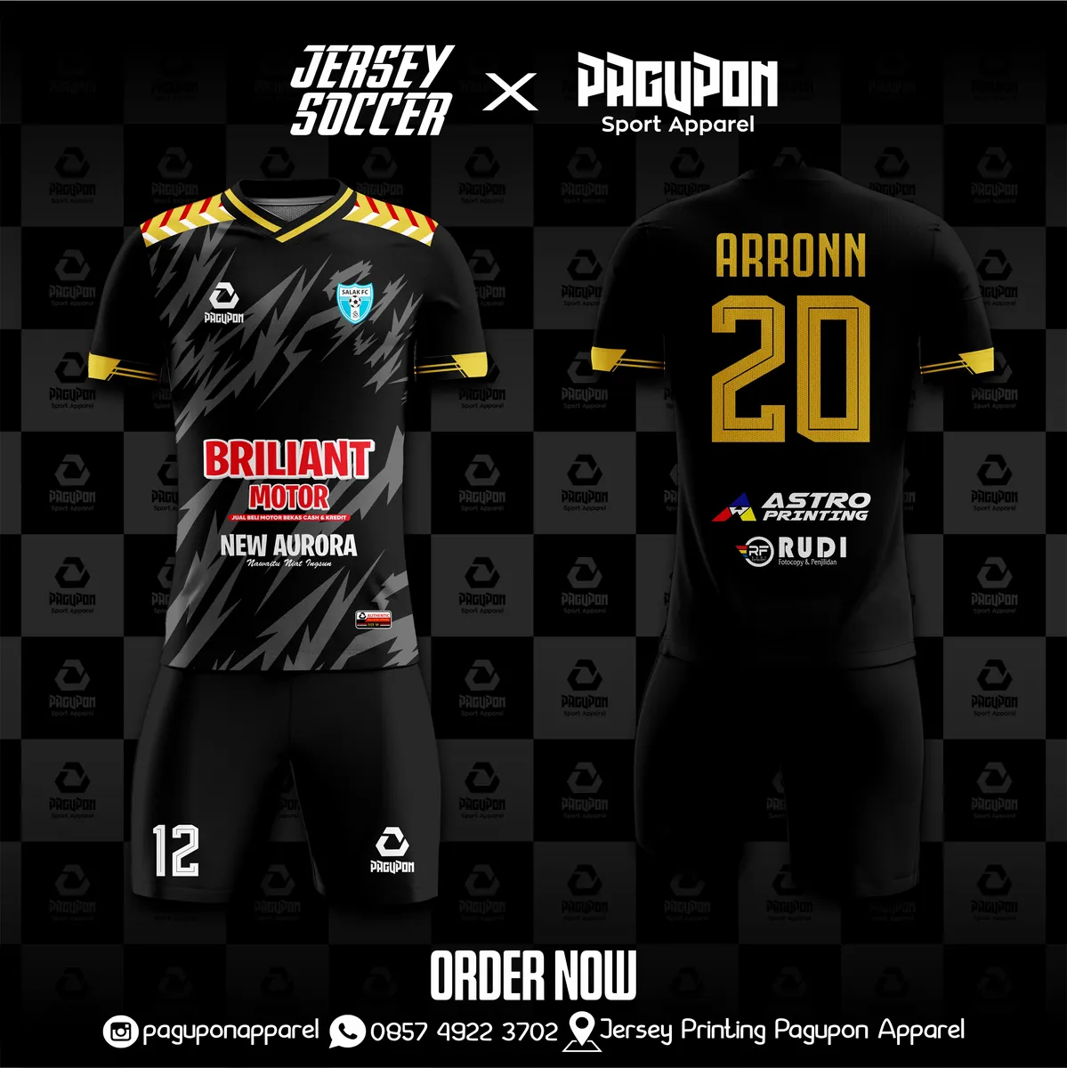 Jersey sepak bola custom New Aurora Hitam, warna hitam kuning, kerah V-Neck, tampak depan dan belakang