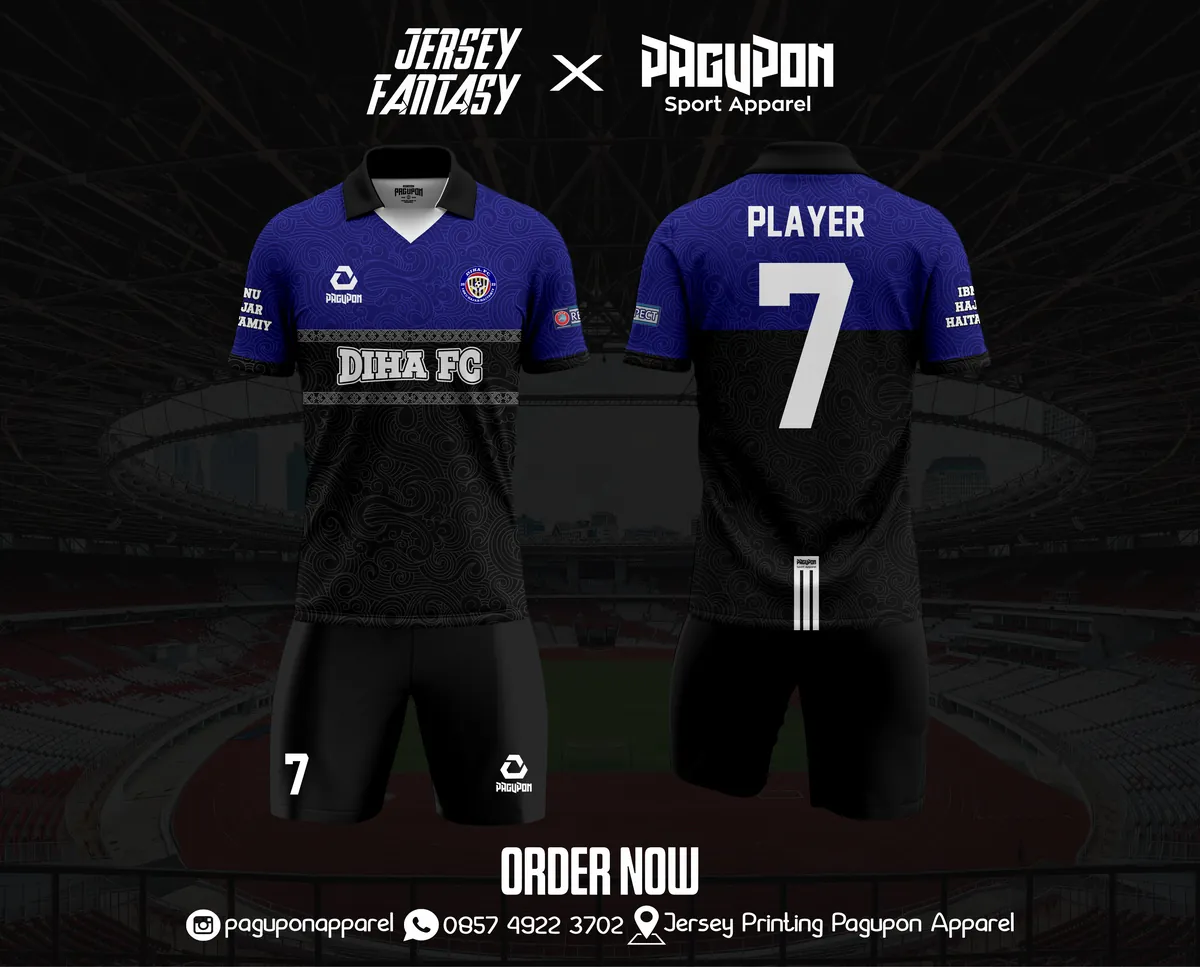 Jersey sepak bola custom Diha FC Biru Muda, warna biru muda putih, kerah Polo, tampak depan dan belakang, varian 2