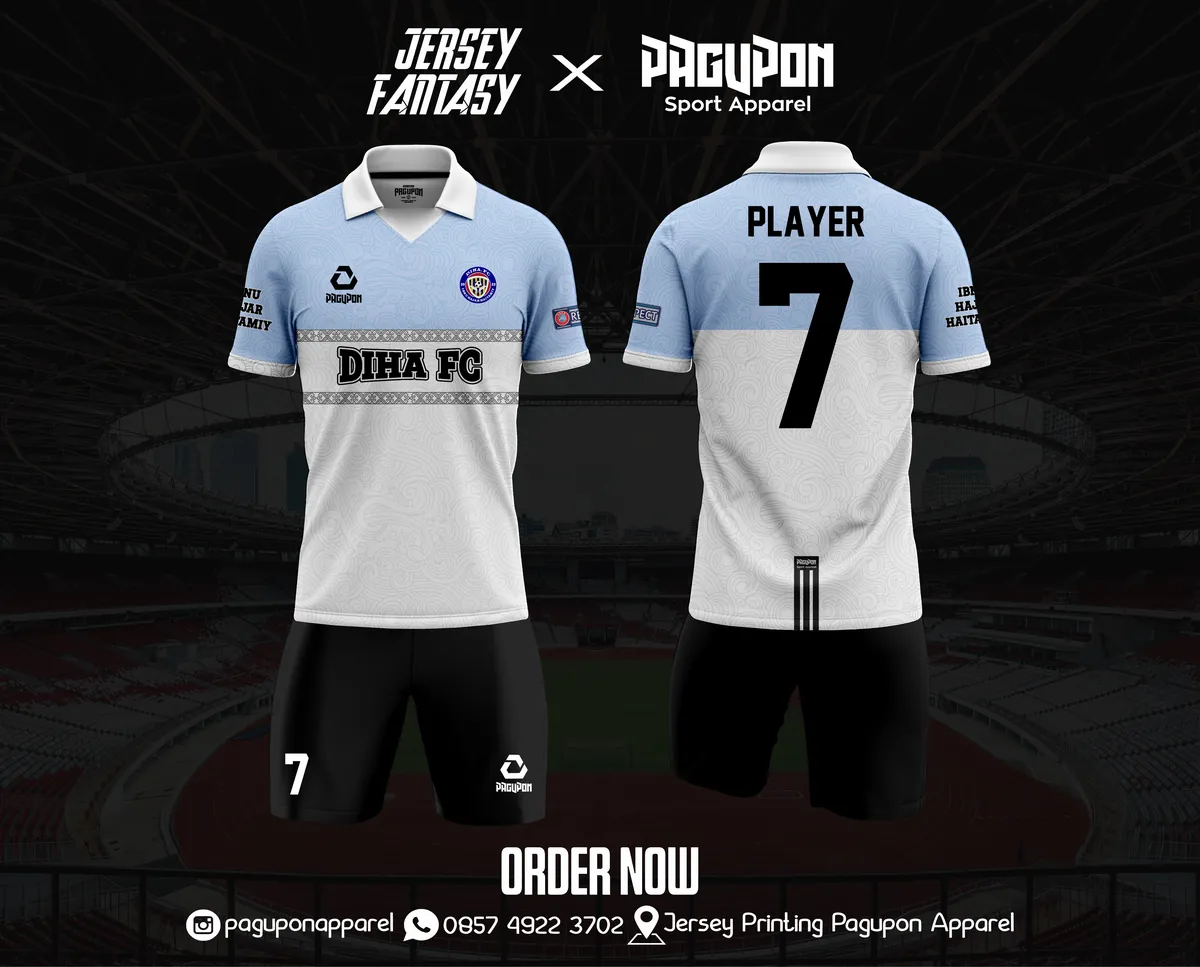 Jersey sepak bola custom Diha FC Biru Muda, warna biru muda putih, kerah Polo, tampak depan dan belakang