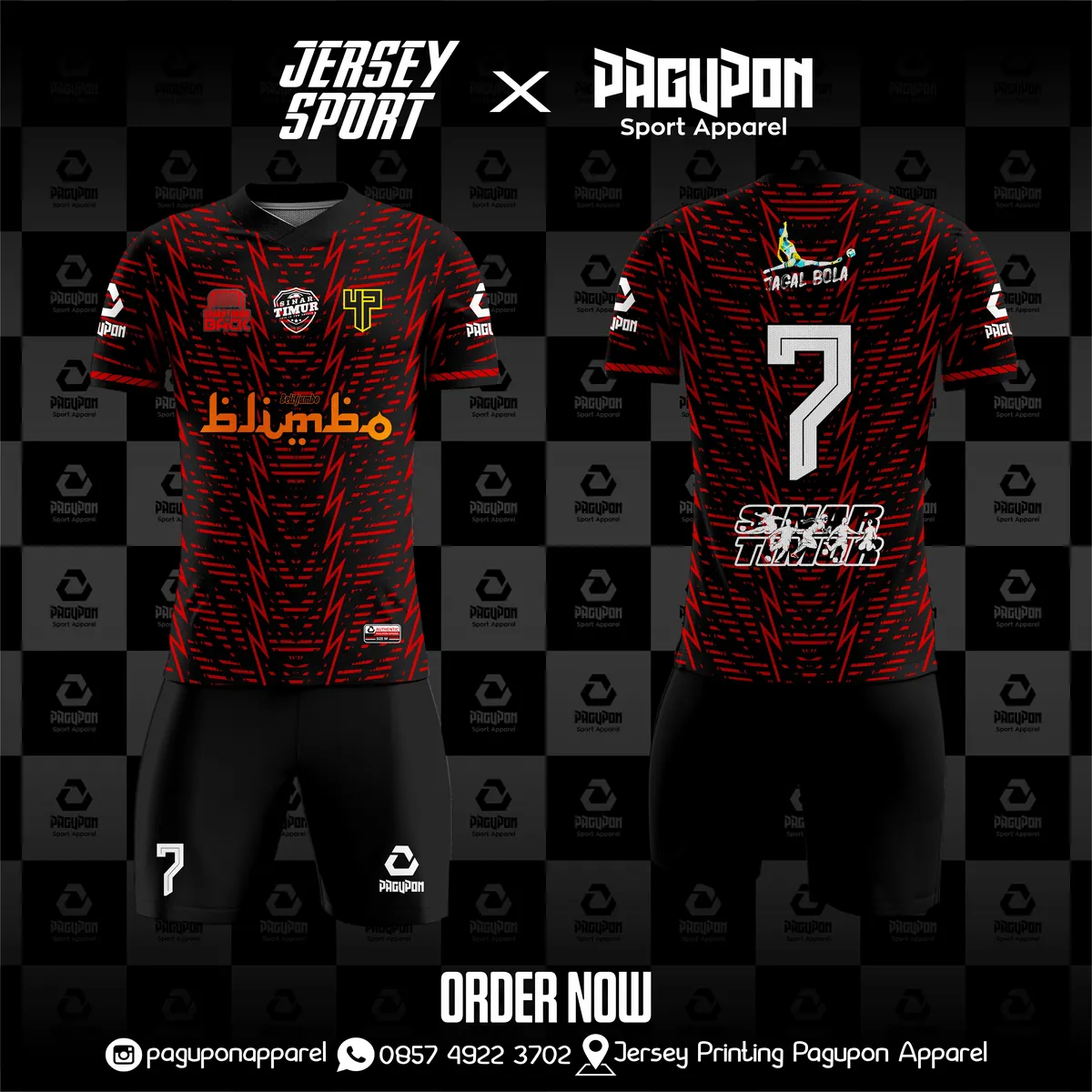 Jersey sepak bola custom Sinar Timur Merah, warna merah hitam, kerah O-Neck, tampak depan dan belakang