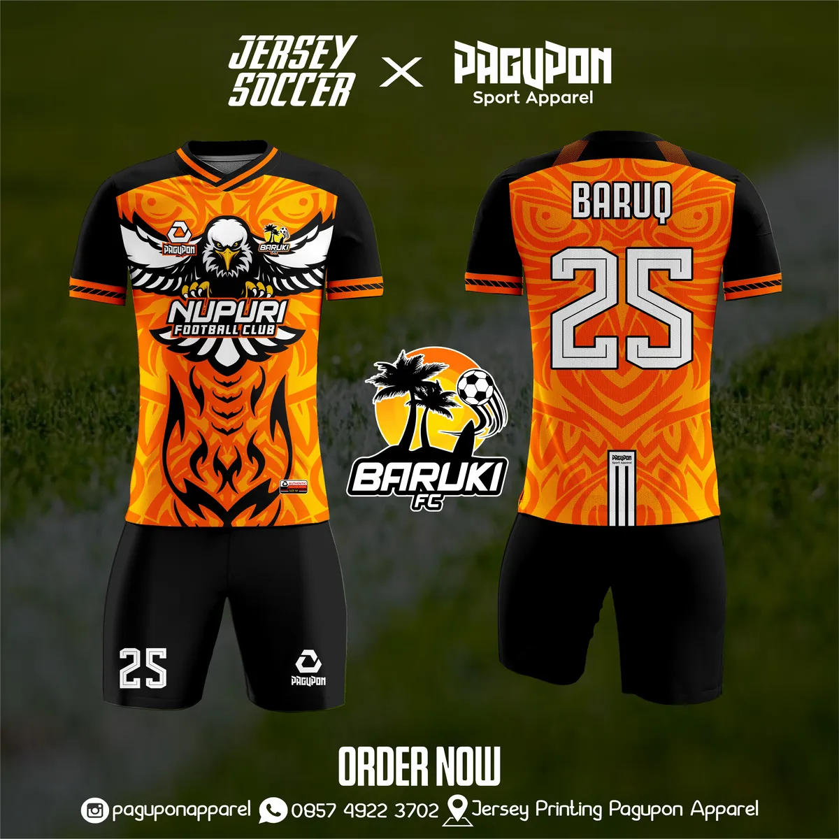 Jersey sepak bola custom Nupuri FC Oranye, warna oranye hitam, kerah V-Neck, tampak depan dan belakang