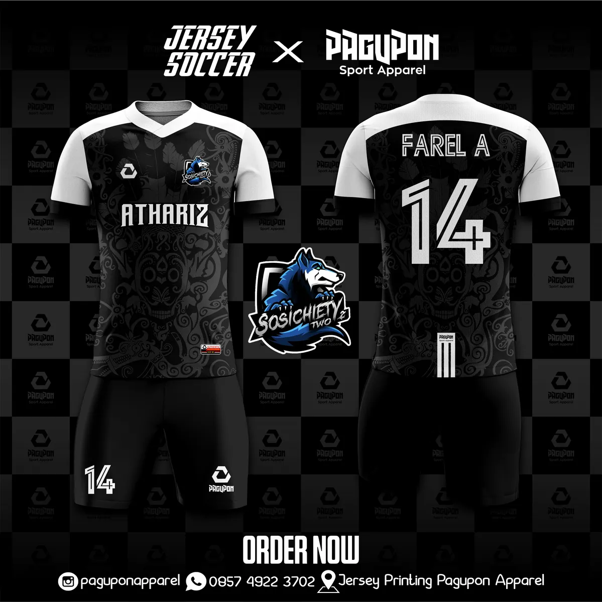 Jersey sepak bola custom Athariz Hitam, warna hitam putih, kerah V-Neck, tampak depan dan belakang