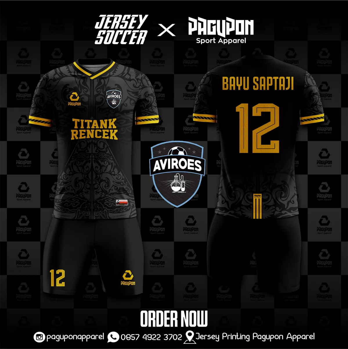 Jersey sepak bola custom Aviroes Hitam, warna hitam emas, kerah V-Neck, tampak depan dan belakang