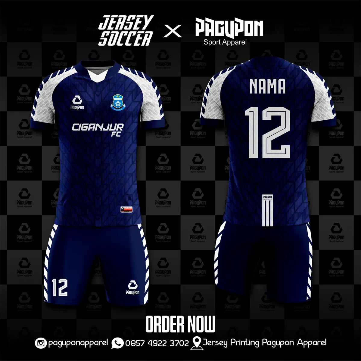 Jersey sepak bola custom Ciganjur FC Navy, warna navy putih, kerah V-Neck, tampak depan dan belakang