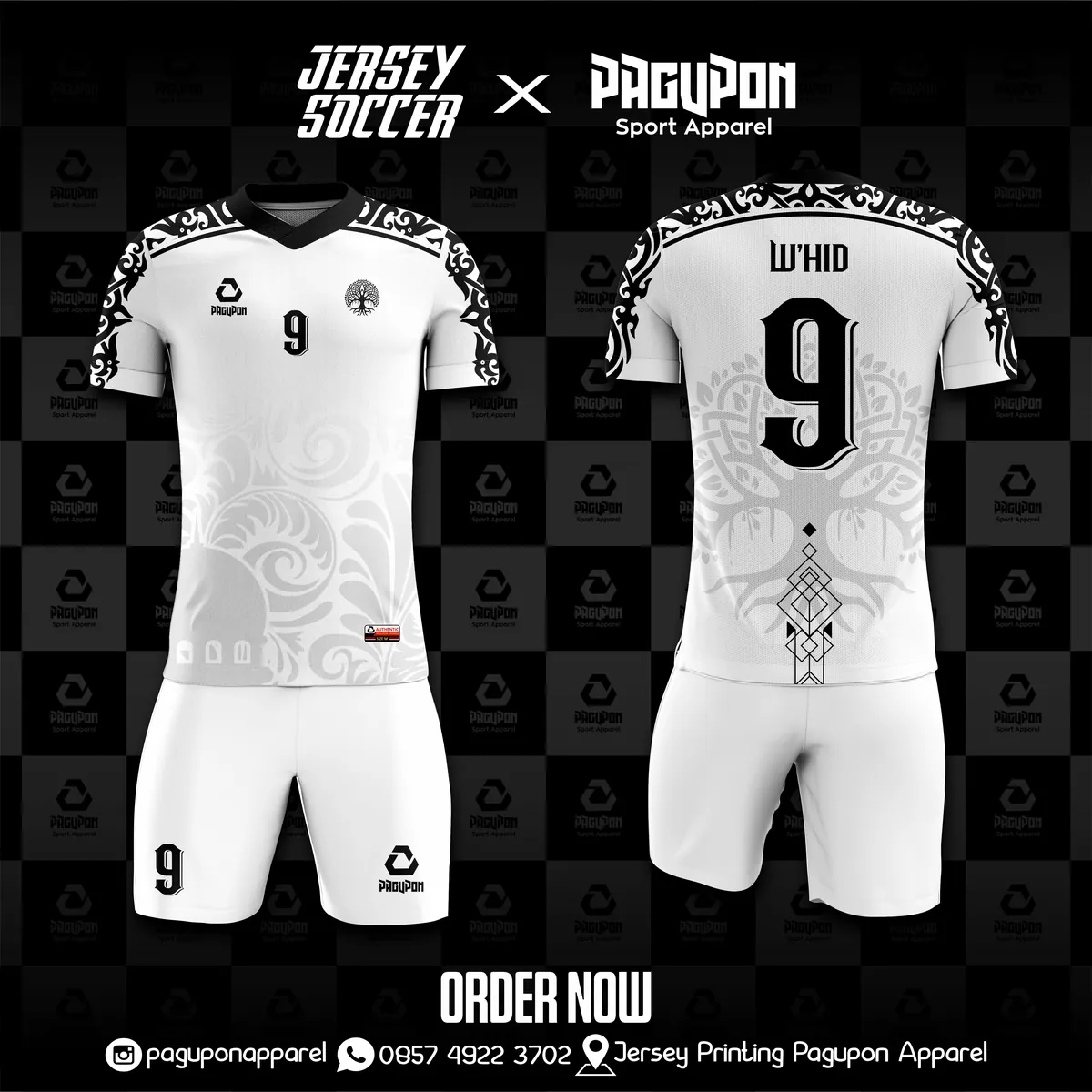 Jersey sepak bola custom Tribal Putih, warna putih hitam, kerah V-Neck, tampak depan dan belakang