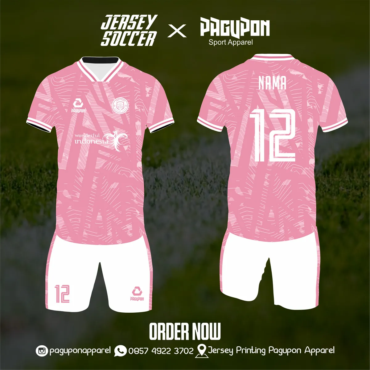 Jersey sepak bola custom Wonderful Indonesia Pink, warna pink putih, kerah O-Neck, tampak depan dan belakang