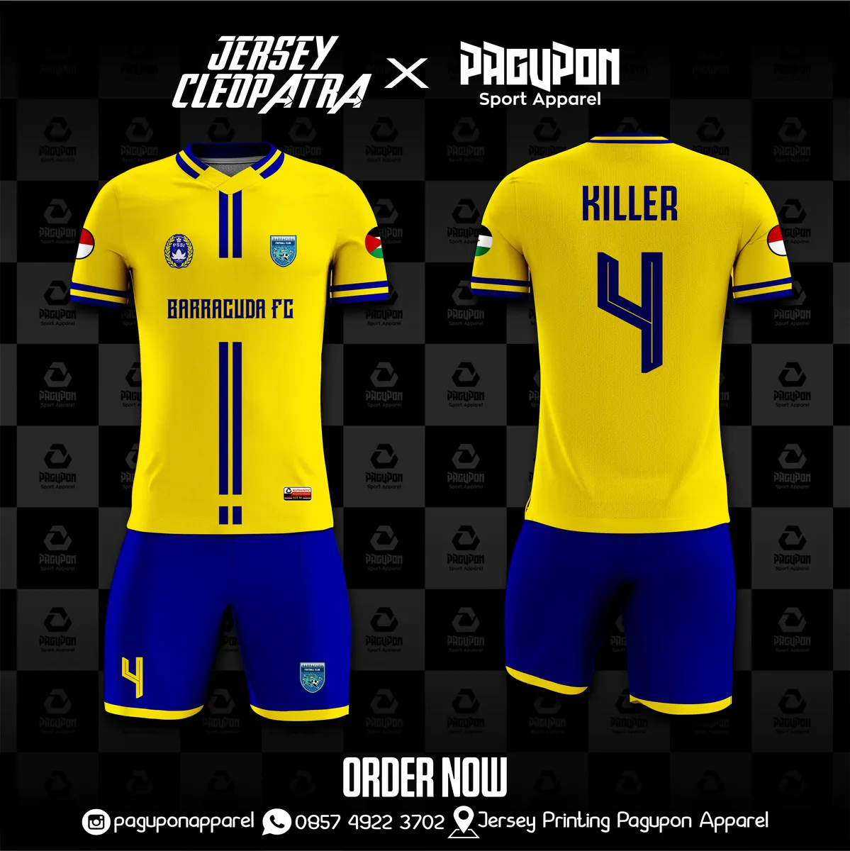 Jersey sepak bola custom Barracuda FC Kuning Biru, warna kuning biru, kerah Polo, tampak depan dan belakang