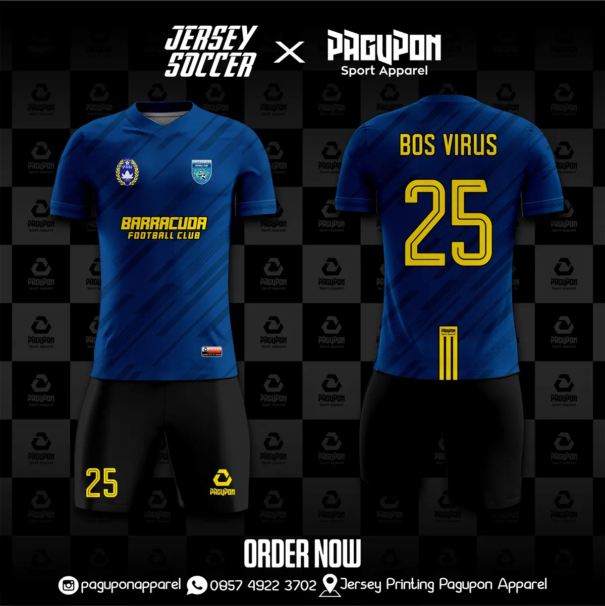 Jersey sepak bola custom Barracuda FC Kuning Hitam, warna kuning hitam, kerah V-Neck, tampak depan dan belakang, varian 2