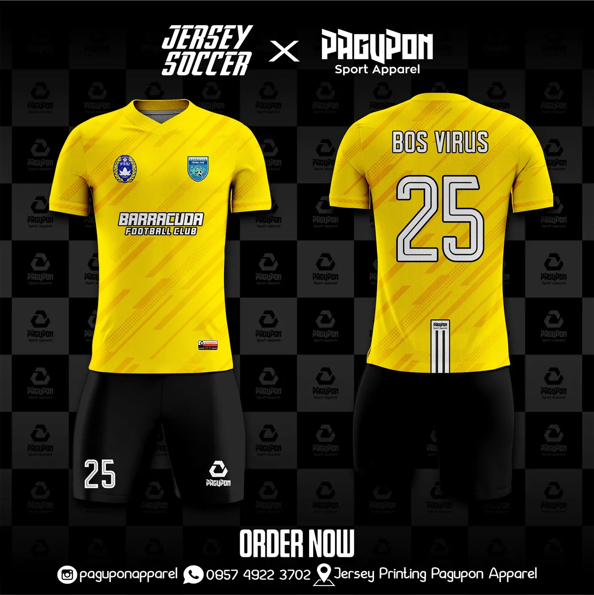 Jersey sepak bola custom Barracuda FC Kuning Hitam, warna kuning hitam, kerah V-Neck, tampak depan dan belakang