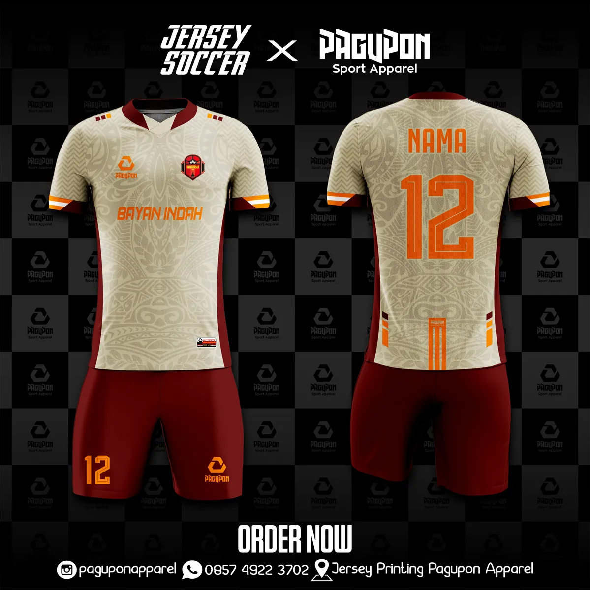 Jersey sepak bola custom Bayan Indah Krem, warna krem maroon, kerah V-Neck, tampak depan dan belakang