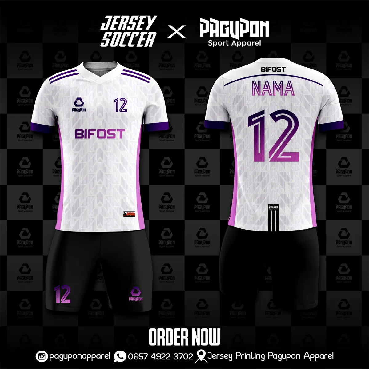 Jersey sepak bola custom Bifost Putih, warna putih ungu, kerah V-Neck, tampak depan dan belakang