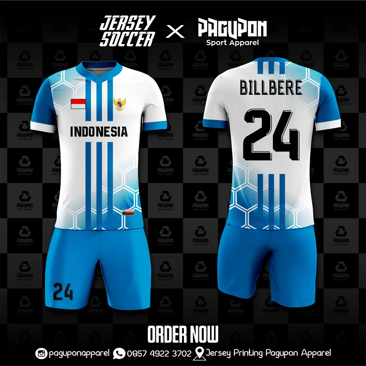 Jersey sepak bola custom Indonesia Putih, warna putih biru muda, kerah V-Neck, tampak depan dan belakang