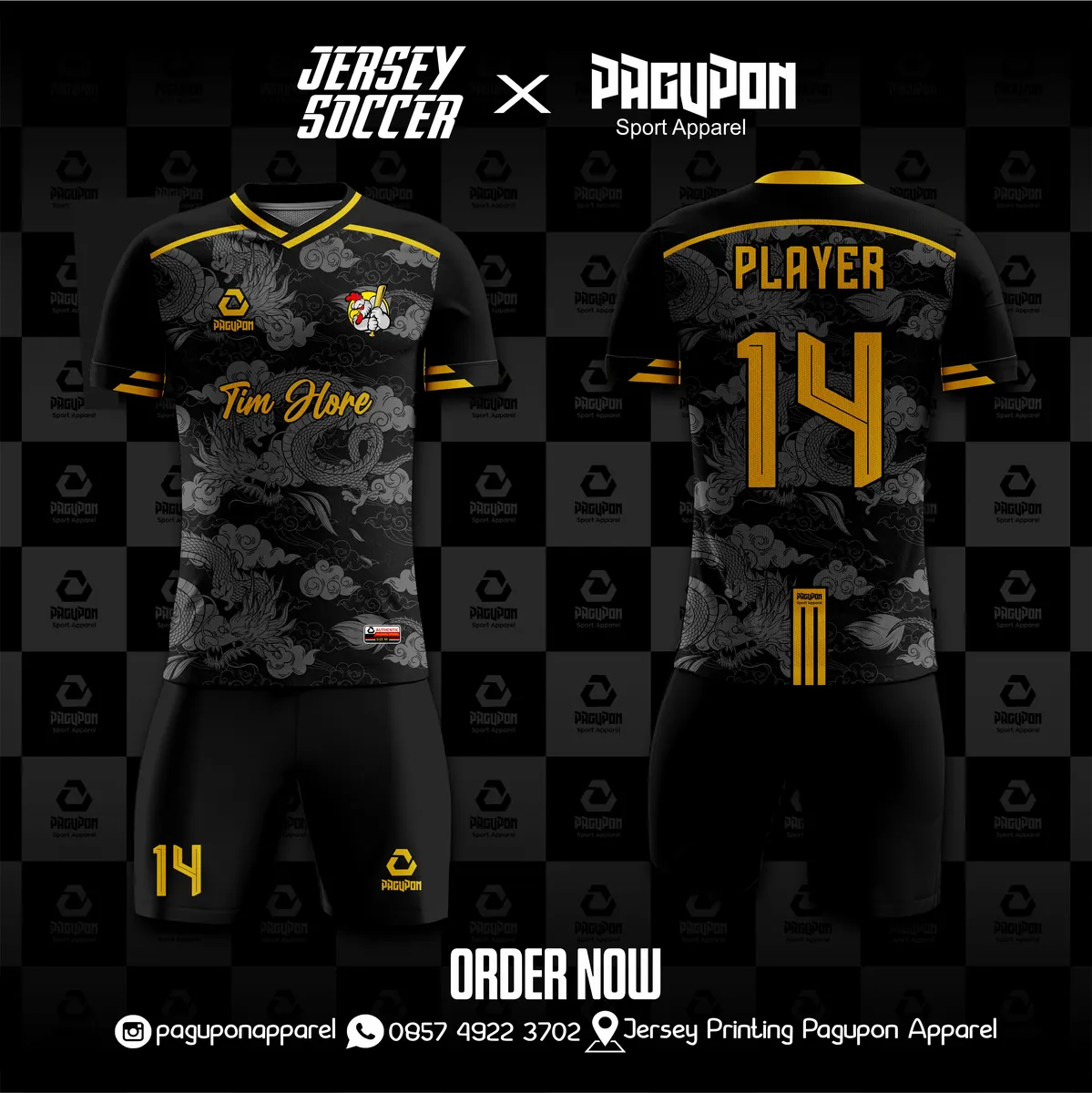 Jersey sepak bola custom Tim Hore Hitam, warna hitam emas, kerah V-Neck, tampak depan dan belakang