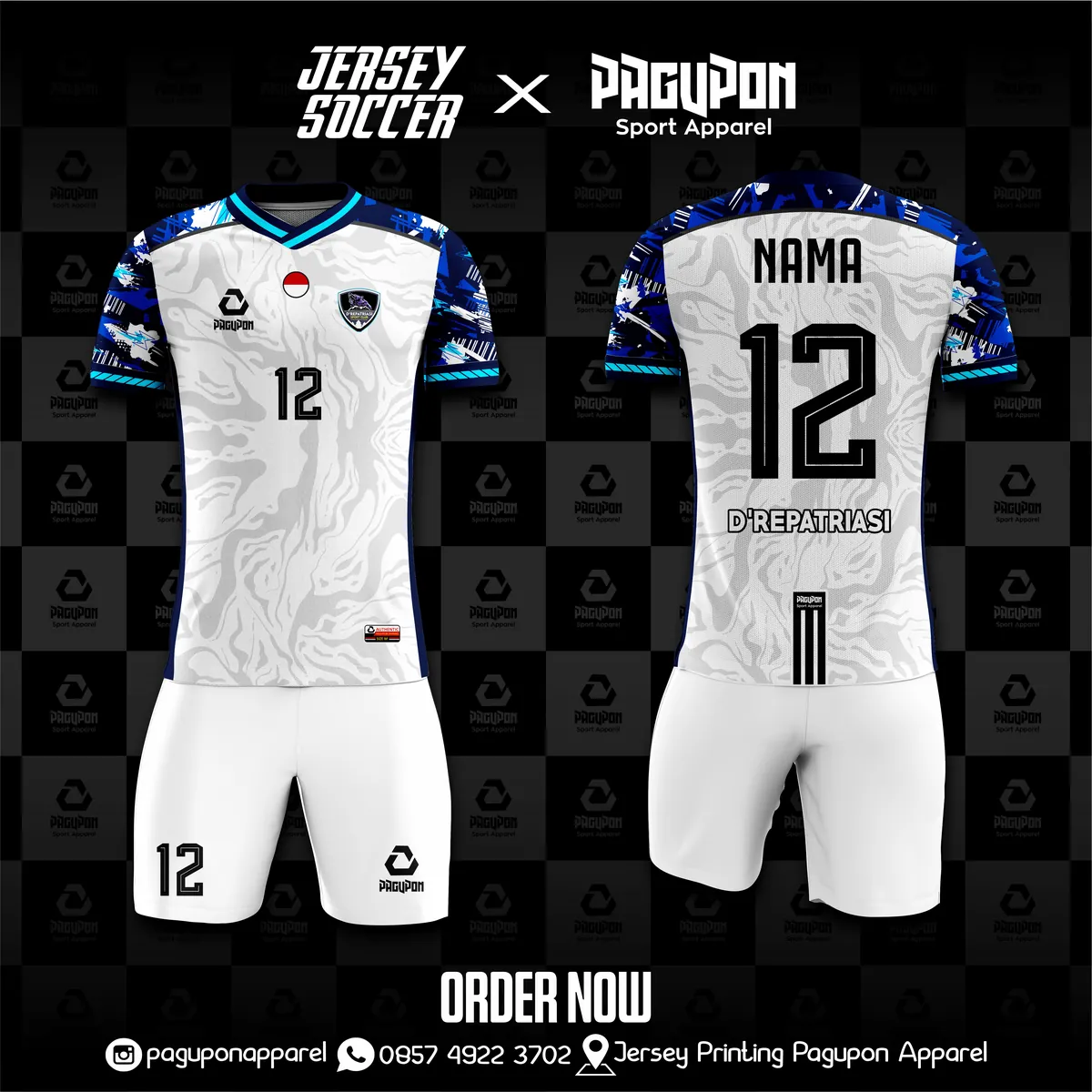 Jersey sepak bola custom D'Repatriasi Putih, warna putih biru, kerah V-Neck, tampak depan dan belakang