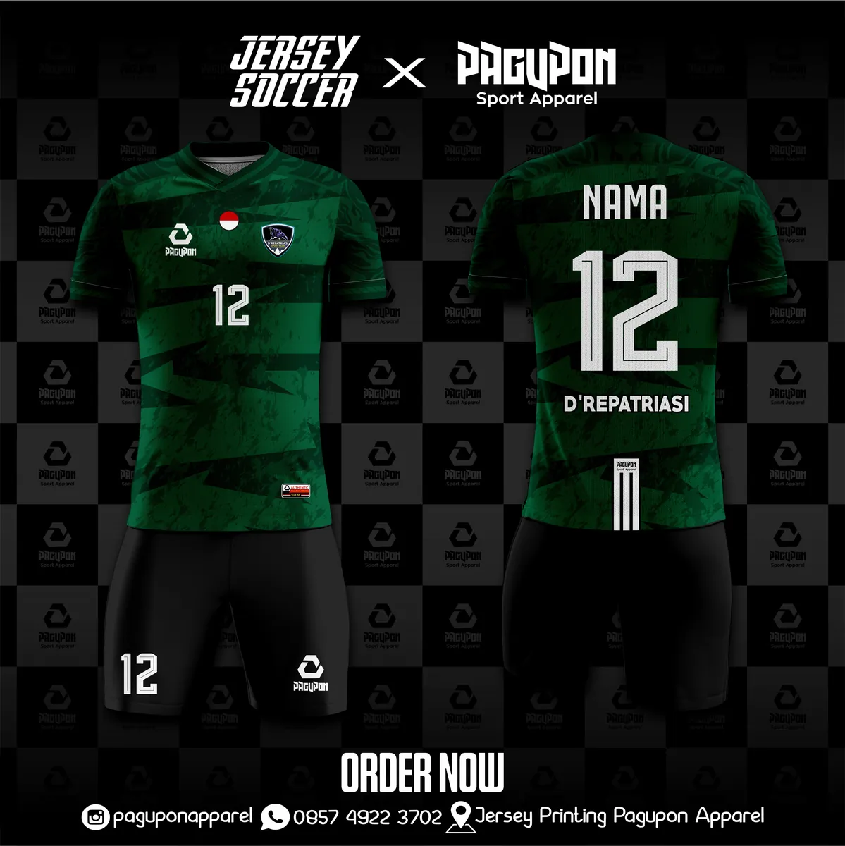 Jersey sepak bola custom D'Repatriasi Hijau, warna hijau hitam, kerah V-Neck, tampak depan dan belakang