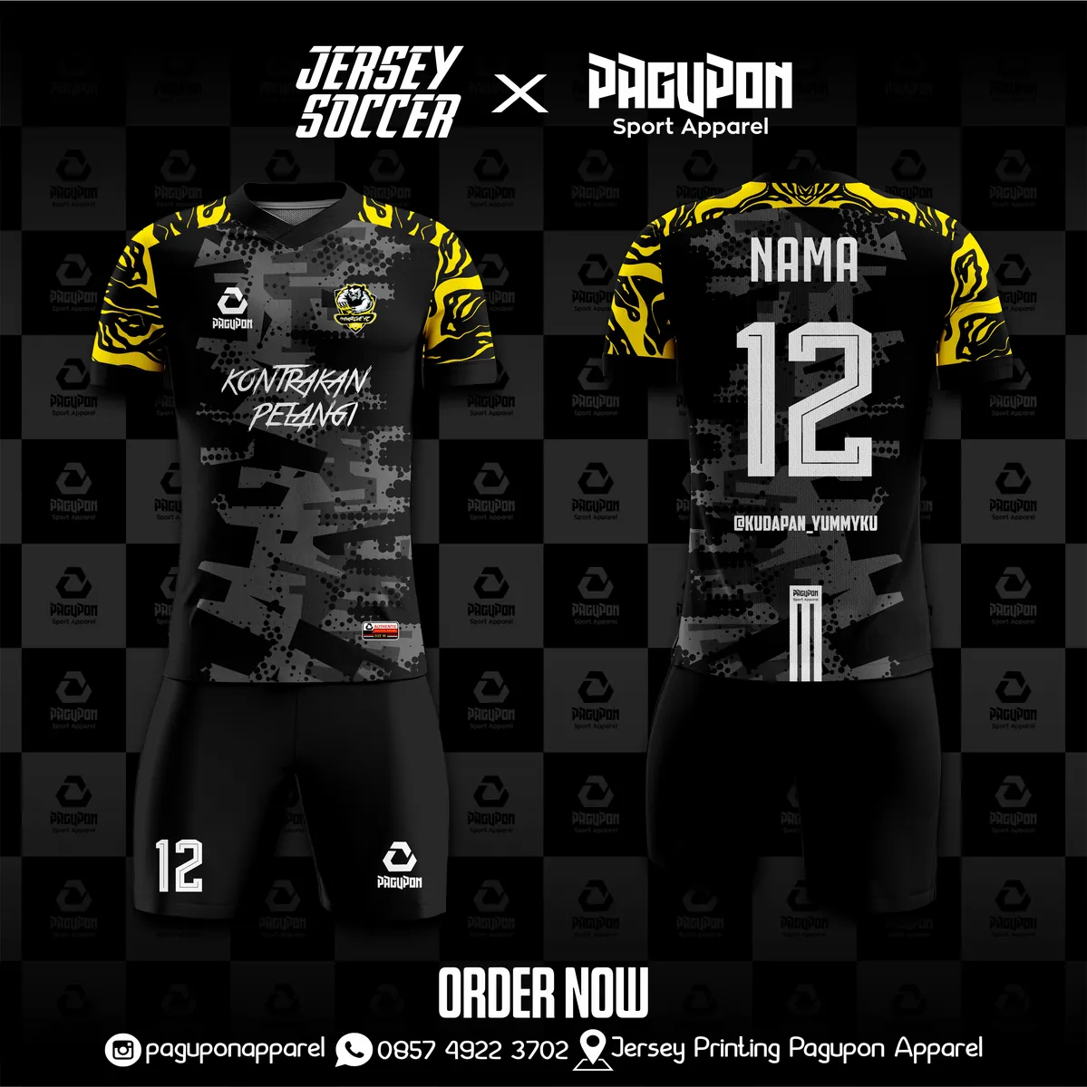 Jersey sepak bola custom Kontrakan Pelangi Hitam, warna hitam kuning, kerah O-Neck, tampak depan dan belakang