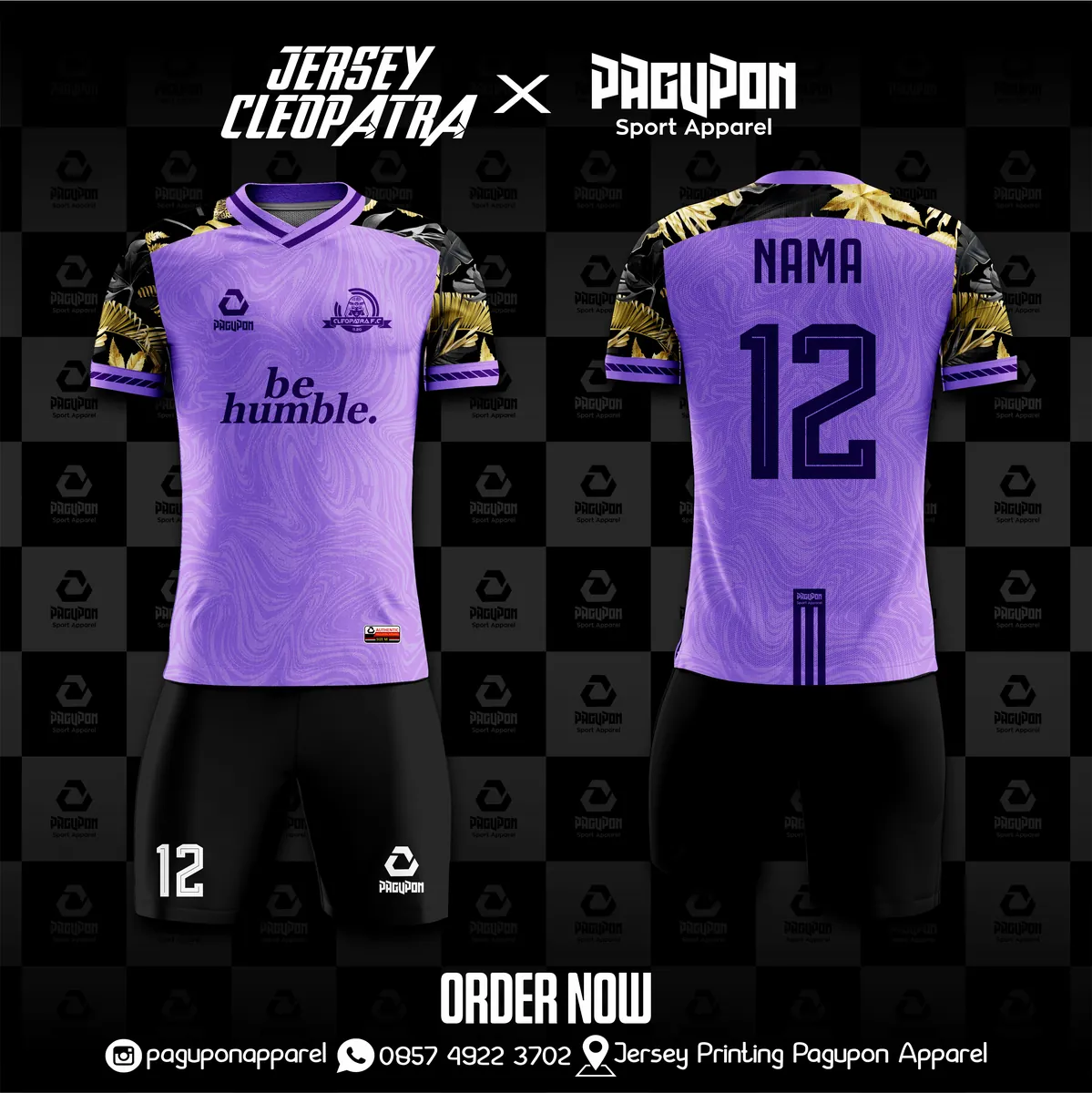 Jersey sepak bola custom Sombong FC Ungu, warna ungu hitam, kerah V-Neck, tampak depan dan belakang, varian 2