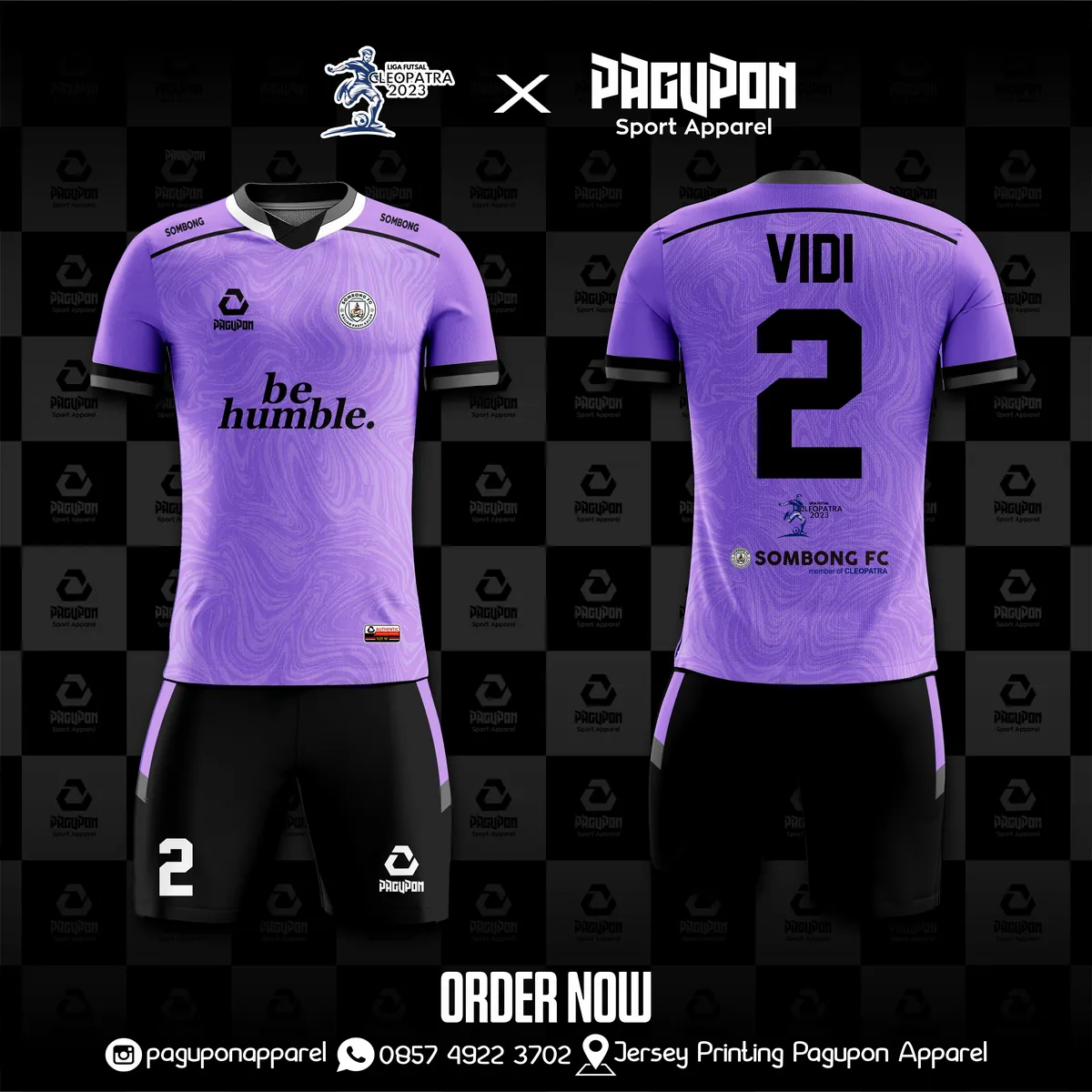 Jersey sepak bola custom Sombong FC Ungu, warna ungu hitam, kerah V-Neck, tampak depan dan belakang
