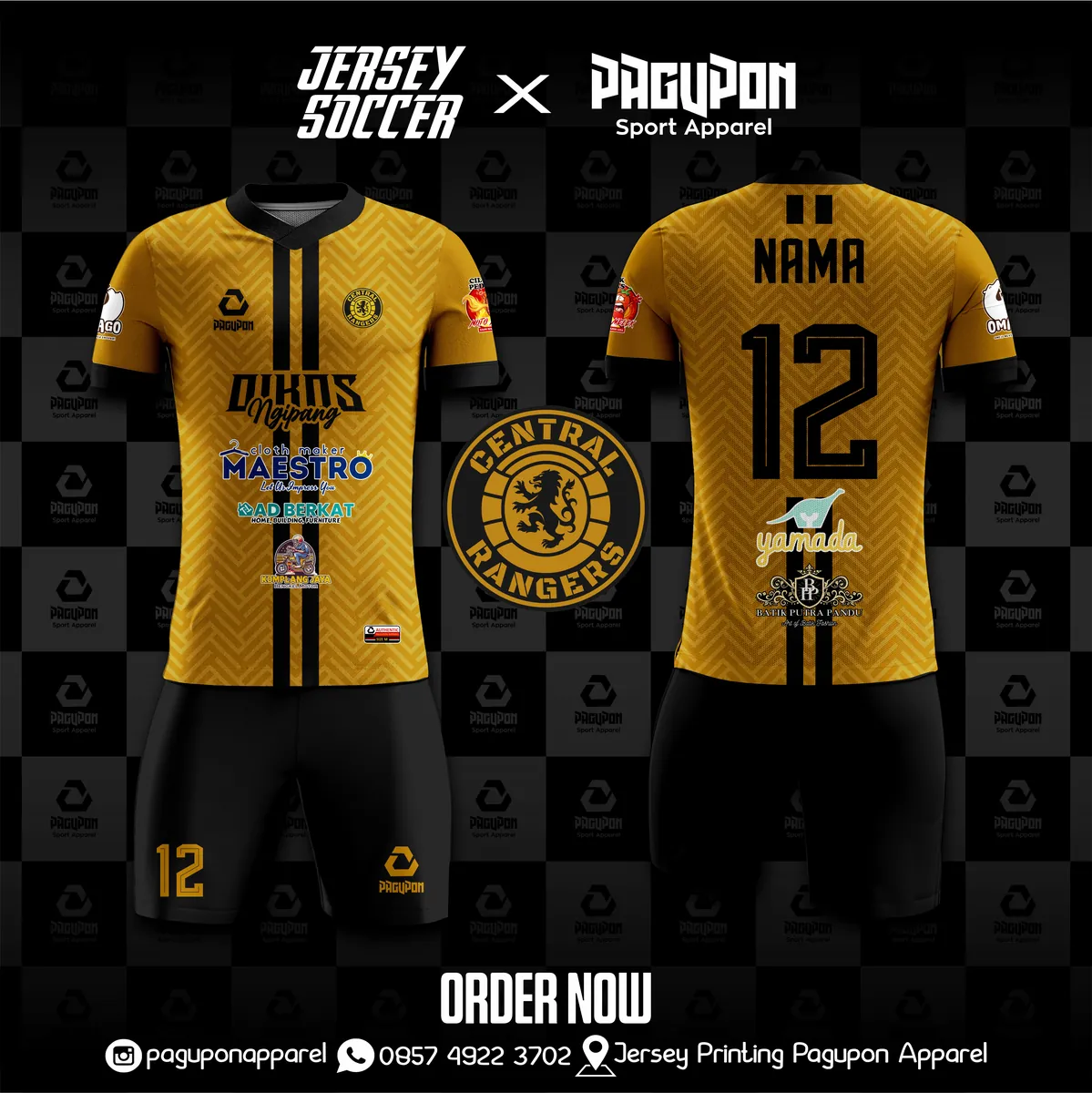 Jersey sepak bola custom NextGen FC Hitam, warna hitam emas, kerah V-Neck, tampak depan dan belakang, varian 3
