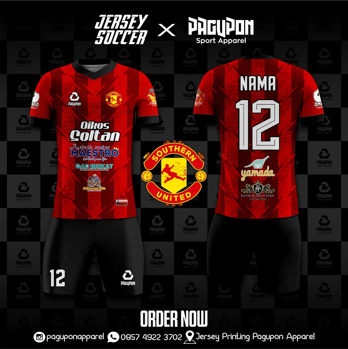 Jersey sepak bola custom NextGen FC Hitam, warna hitam emas, kerah V-Neck, tampak depan dan belakang, varian 4