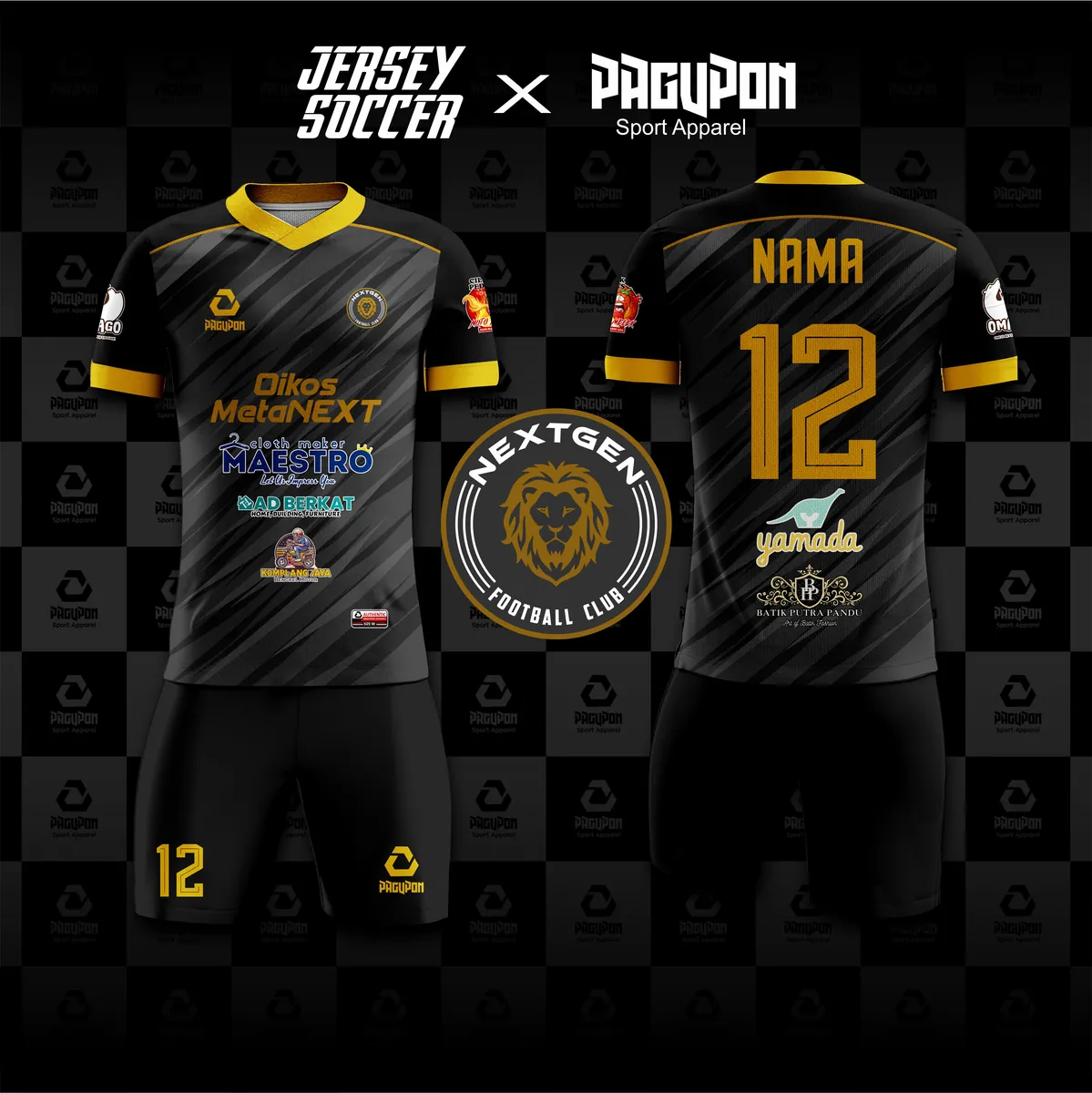 Jersey sepak bola custom NextGen FC Hitam, warna hitam emas, kerah V-Neck, tampak depan dan belakang