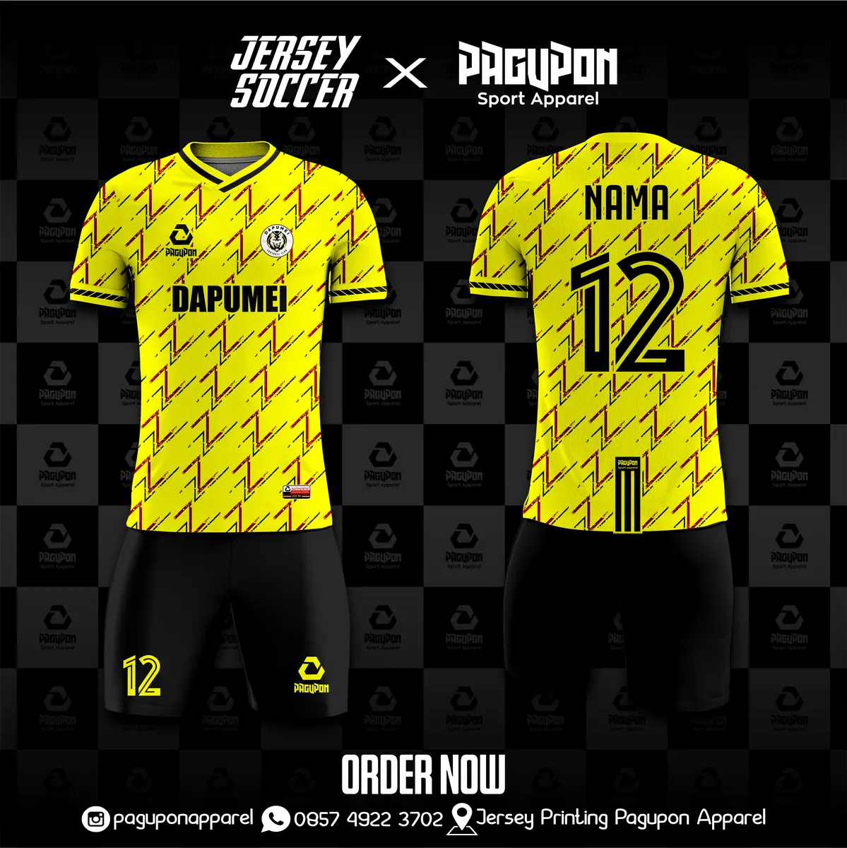 Jersey sepak bola custom Dapumei Kuning, warna kuning merah, kerah V-Neck, tampak depan dan belakang