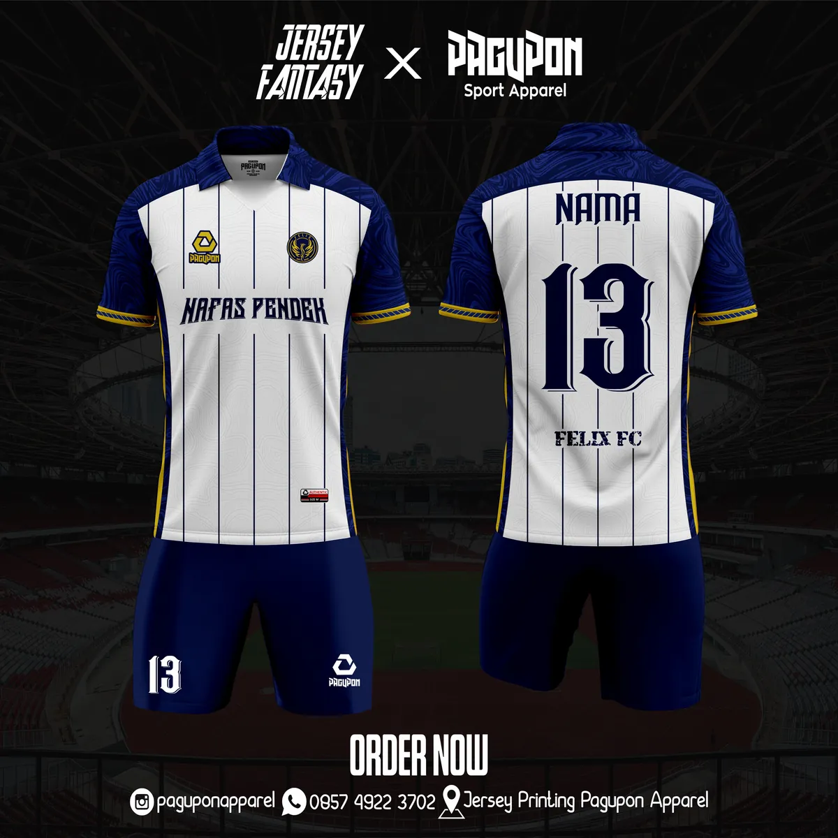 Jersey sepak bola custom Nafas Pendek Putih, warna putih navy, kerah Polo, tampak depan dan belakang