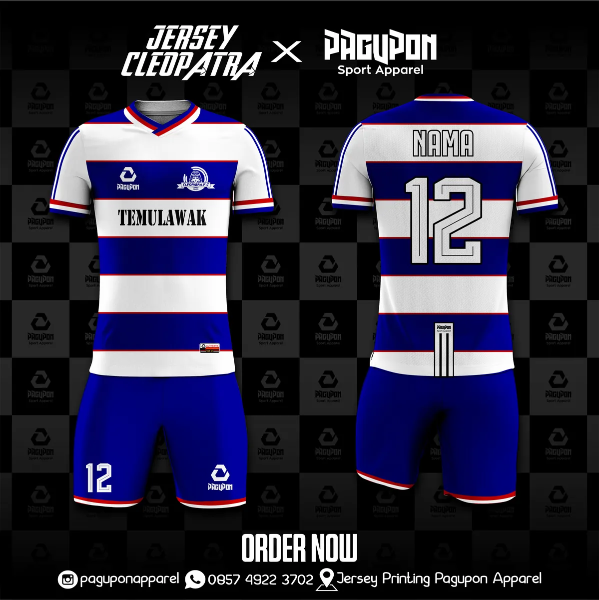 Jersey sepak bola custom Temulawak Biru, warna biru putih, kerah V-Neck, tampak depan dan belakang