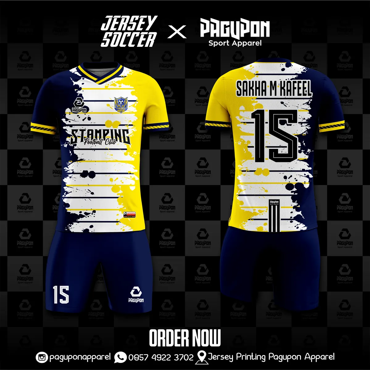 Jersey sepak bola custom Stamping FC Kuning, warna kuning navy, kerah O-Neck, tampak depan dan belakang, varian 2