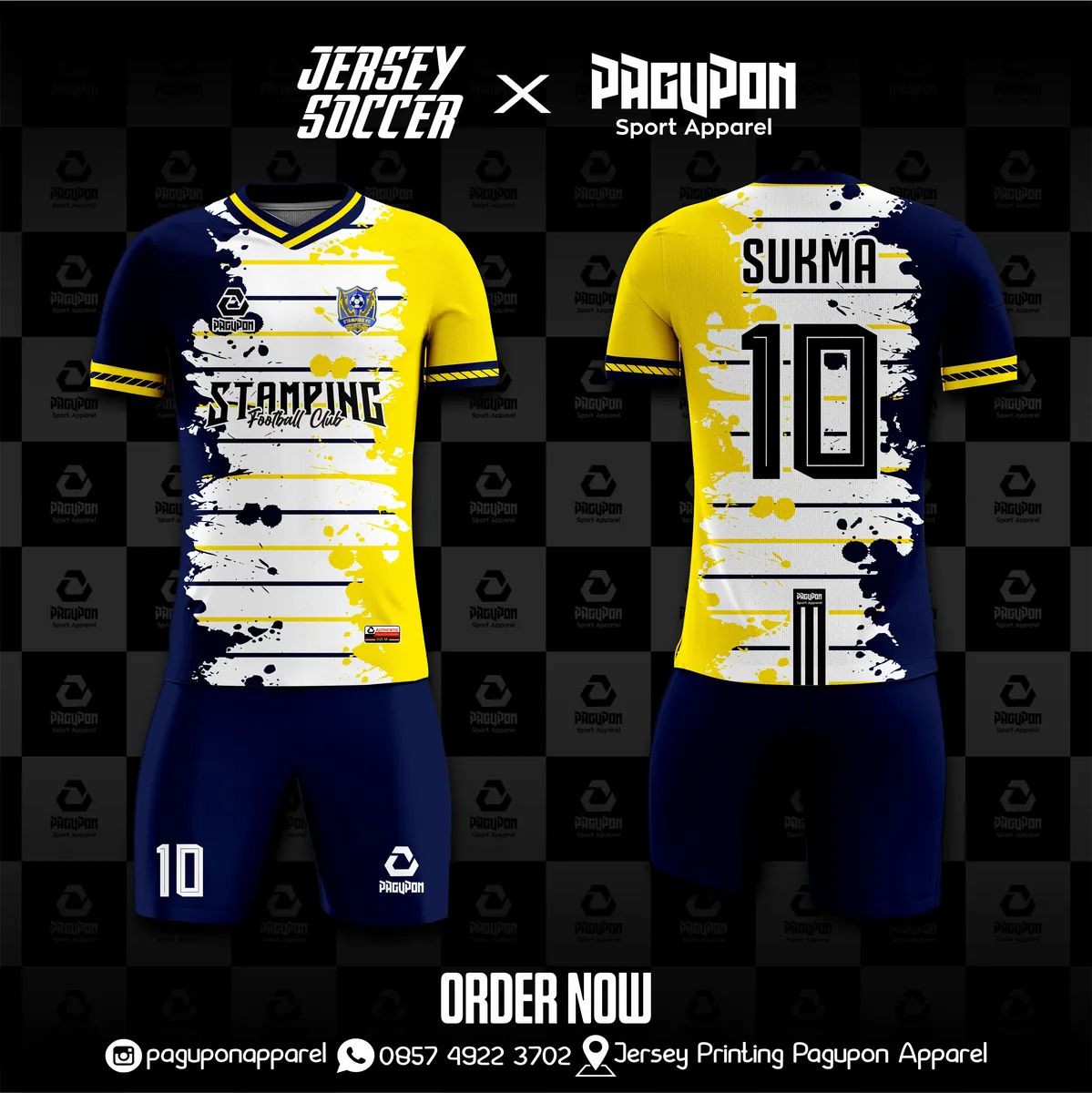 Jersey sepak bola custom Stamping FC Kuning, warna kuning navy, kerah O-Neck, tampak depan dan belakang
