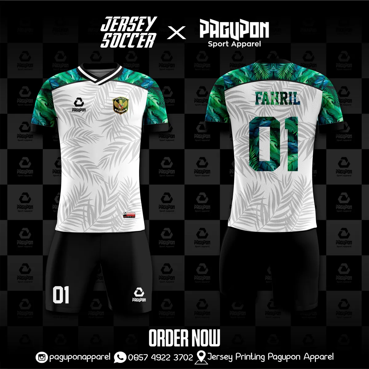 Jersey sepak bola custom Tropical Putih, warna putih hijau, kerah V-Neck, tampak depan dan belakang