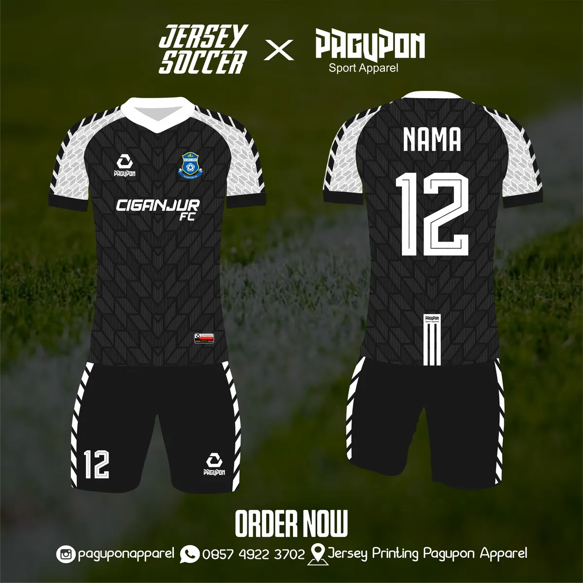Jersey sepak bola custom Ciganjur FC Hitam, warna hitam putih, kerah V-Neck, tampak depan dan belakang
