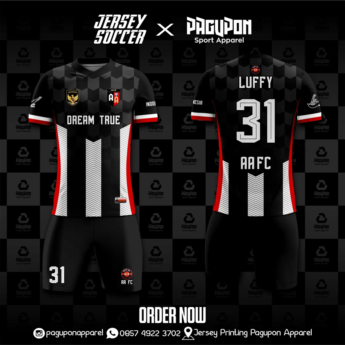 Jersey sepak bola custom AA FC Hitam, warna hitam putih merah, kerah V-Neck, tampak depan dan belakang