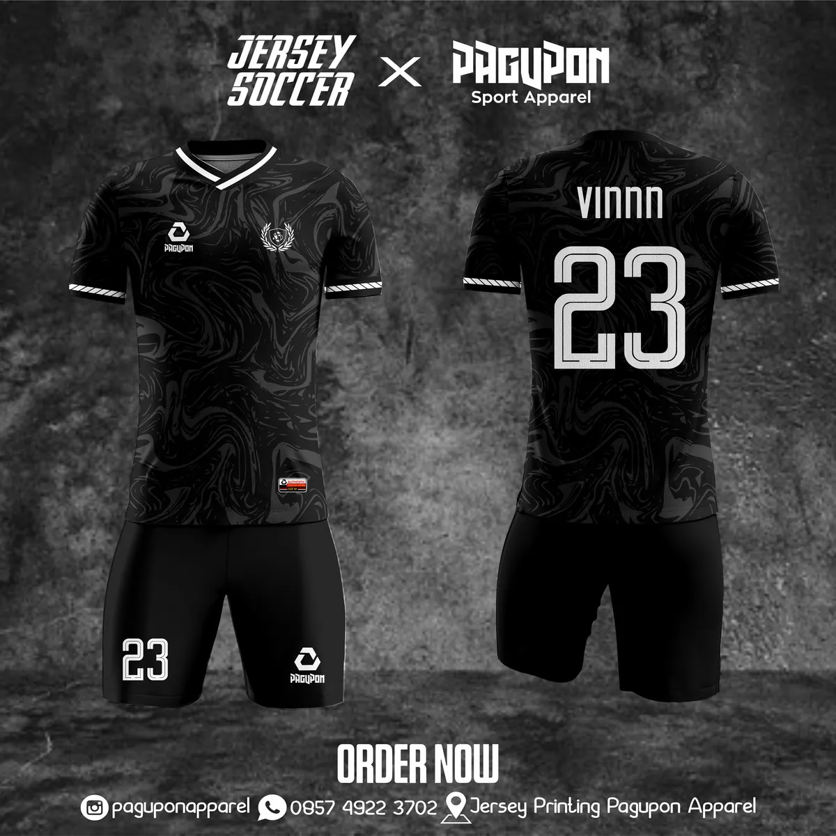 Jersey sepak bola custom Marble Hitam, warna hitam abu-abu, kerah V-Neck, tampak depan dan belakang