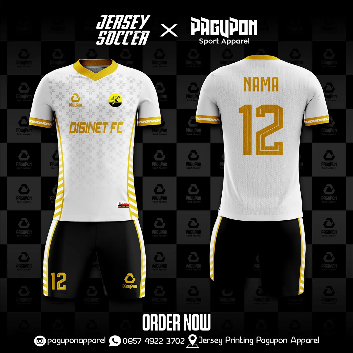 Jersey sepak bola custom Diginet FC Hitam, warna hitam emas, kerah V-Neck, tampak depan dan belakang, varian 2