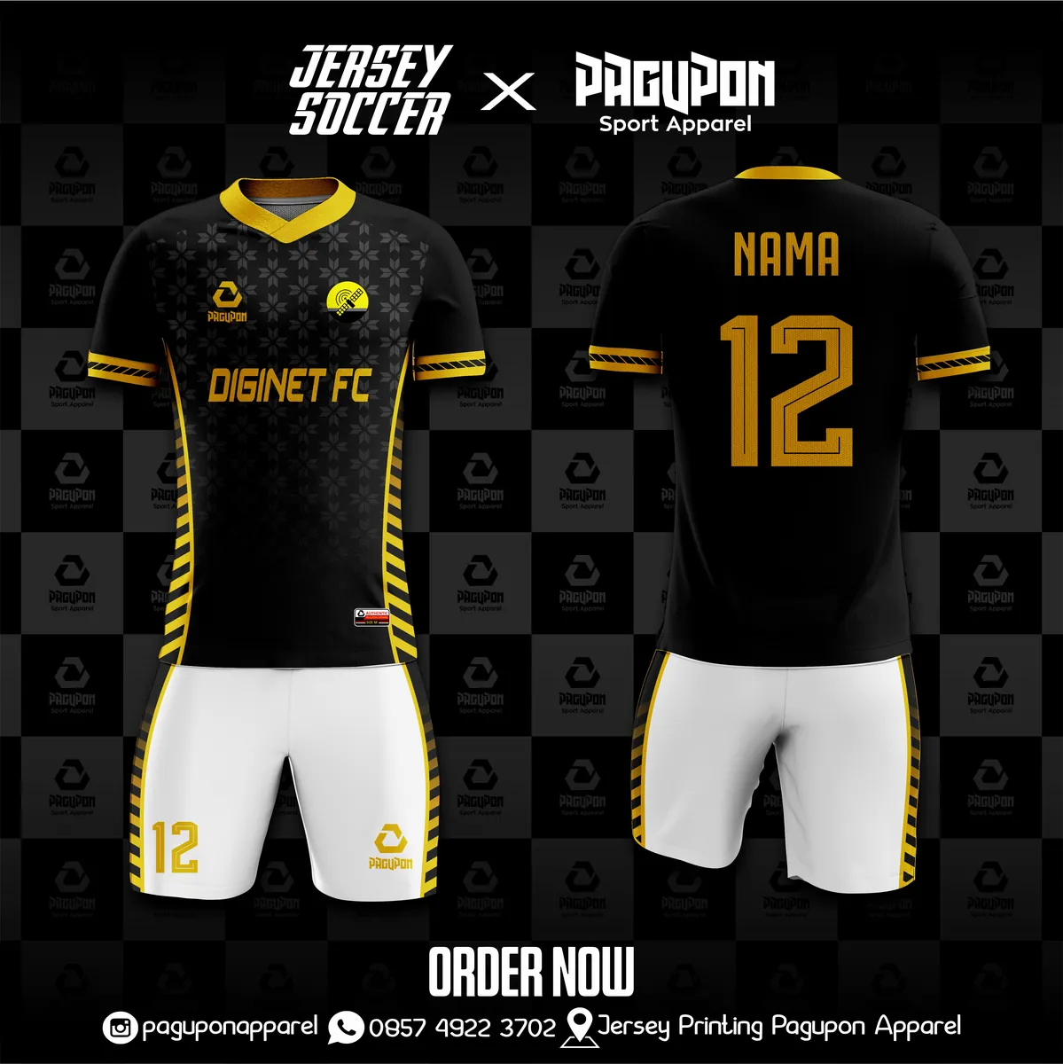 Jersey sepak bola custom Diginet FC Hitam, warna hitam emas, kerah V-Neck, tampak depan dan belakang
