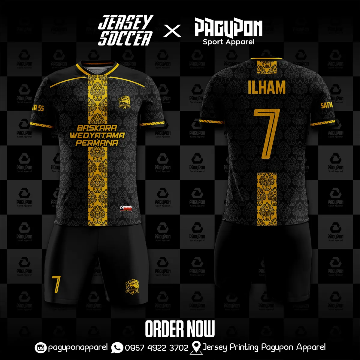 Jersey sepak bola custom Baskara Wedyatama Permana Hitam, warna hitam emas, kerah V-Neck, tampak depan dan belakang
