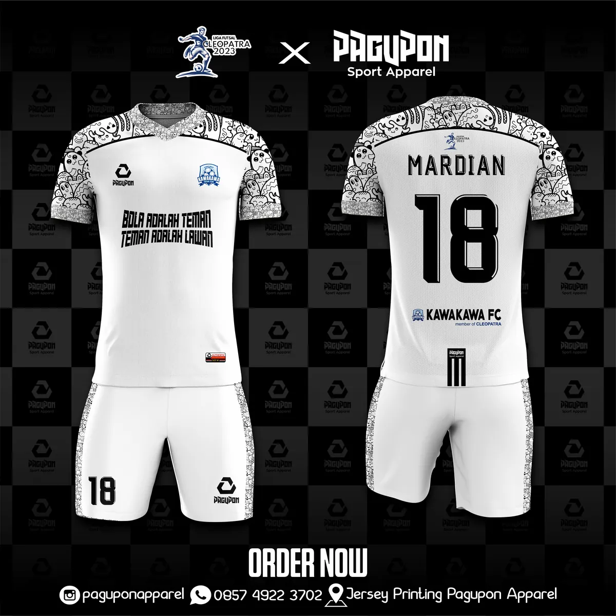 Jersey sepak bola custom Kawakawa FC Putih, warna putih hitam, kerah V-Neck, tampak depan dan belakang