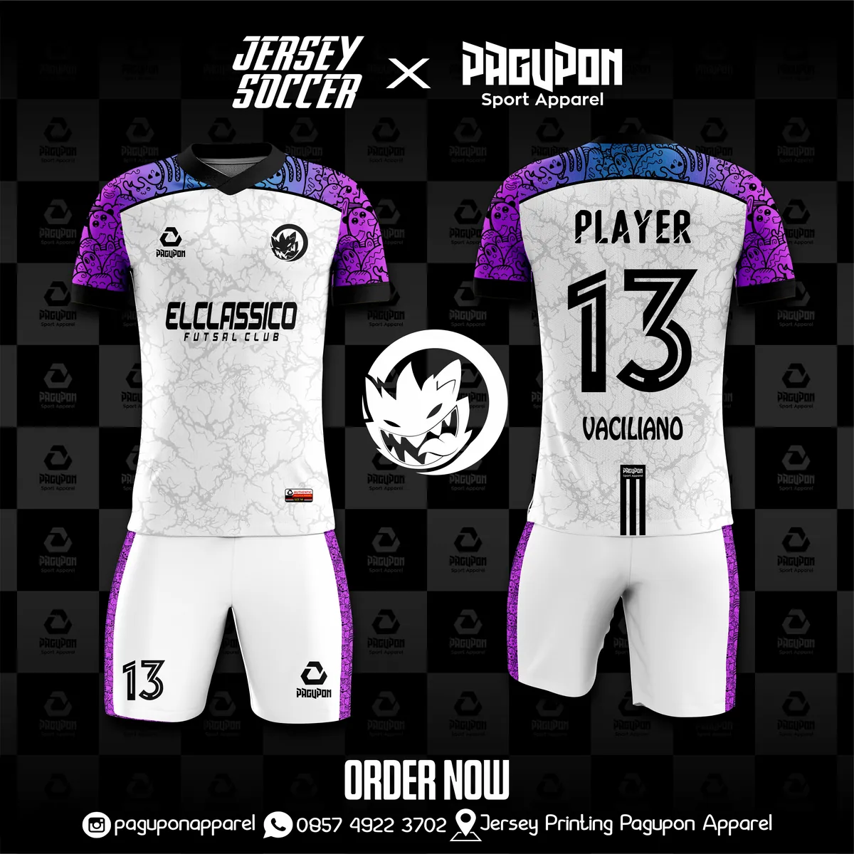Jersey sepak bola custom El Classico Hitam, warna hitam ungu, kerah V-Neck, tampak depan dan belakang, varian 2