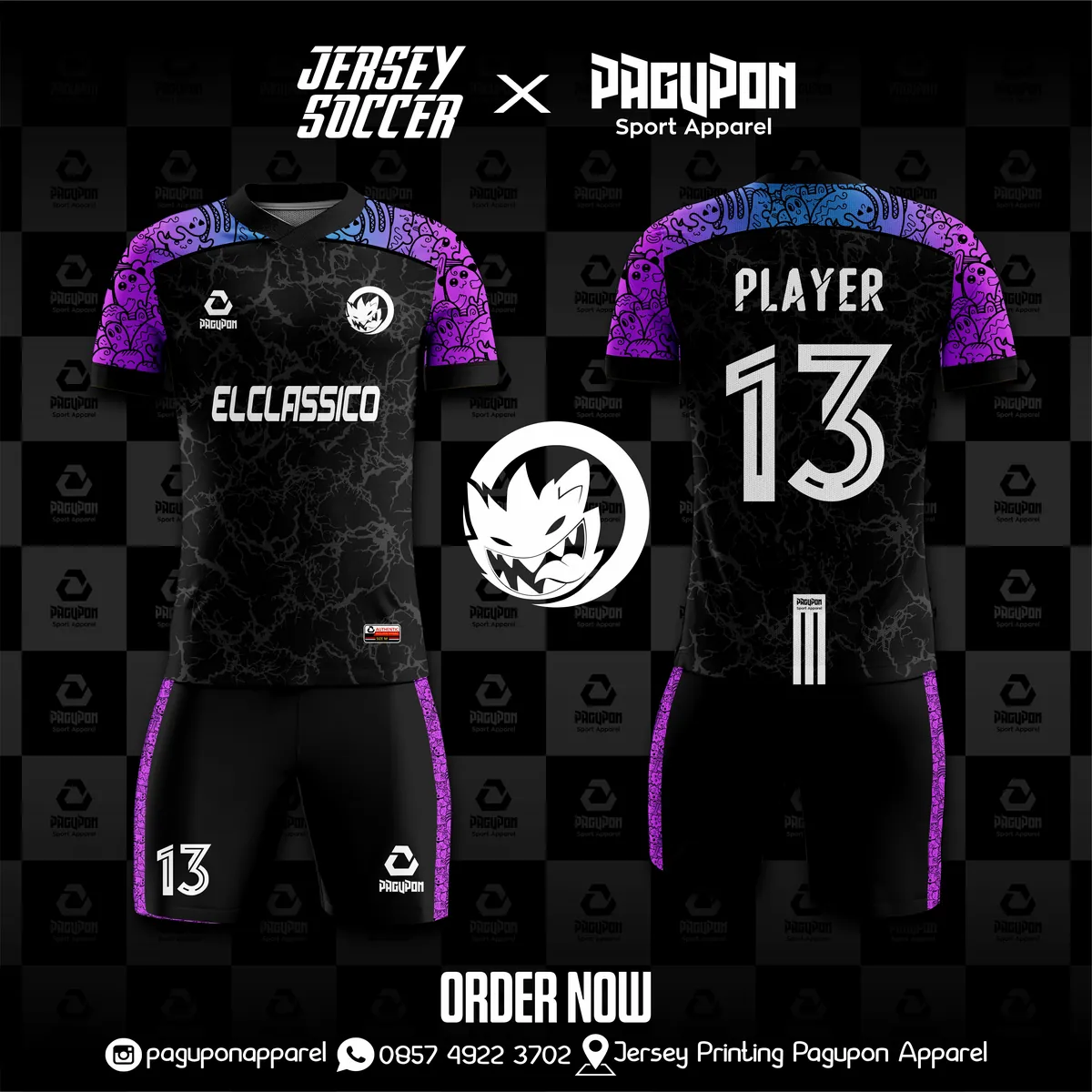 Jersey sepak bola custom El Classico Hitam, warna hitam ungu, kerah V-Neck, tampak depan dan belakang