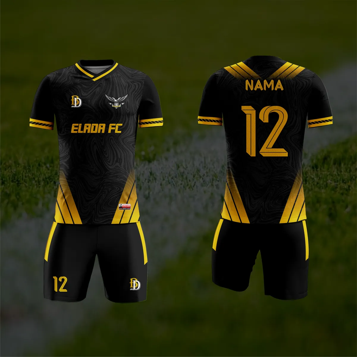 Jersey sepak bola custom Elada FC Hitam, warna hitam kuning, kerah V-Neck, tampak depan dan belakang