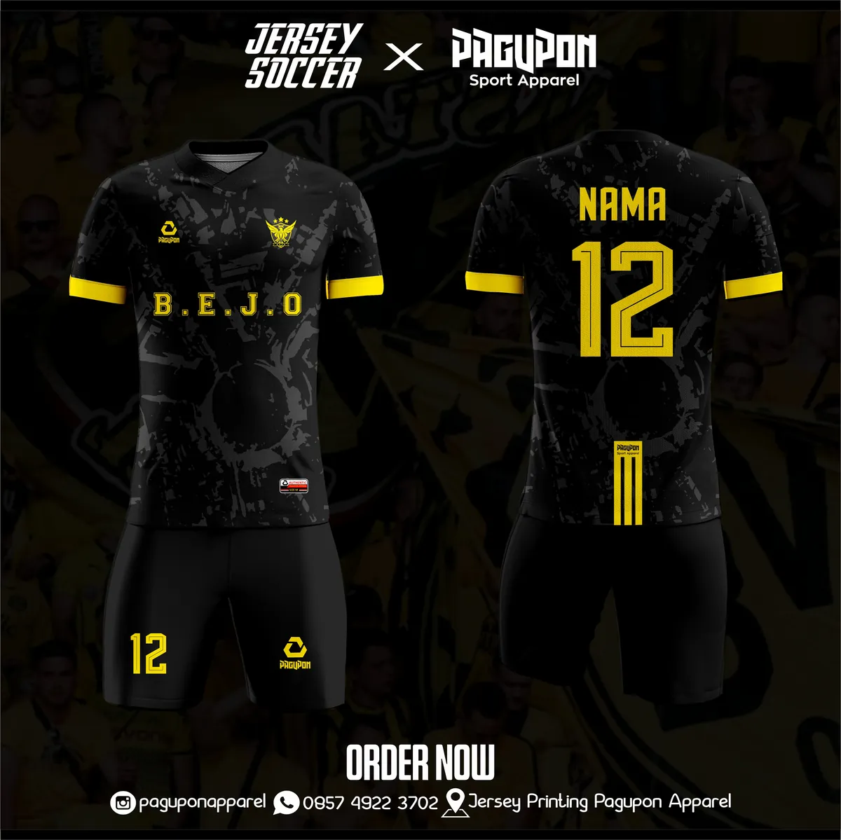 Jersey sepak bola custom B.E.J.O Hitam, warna hitam kuning, kerah O-Neck, tampak depan dan belakang
