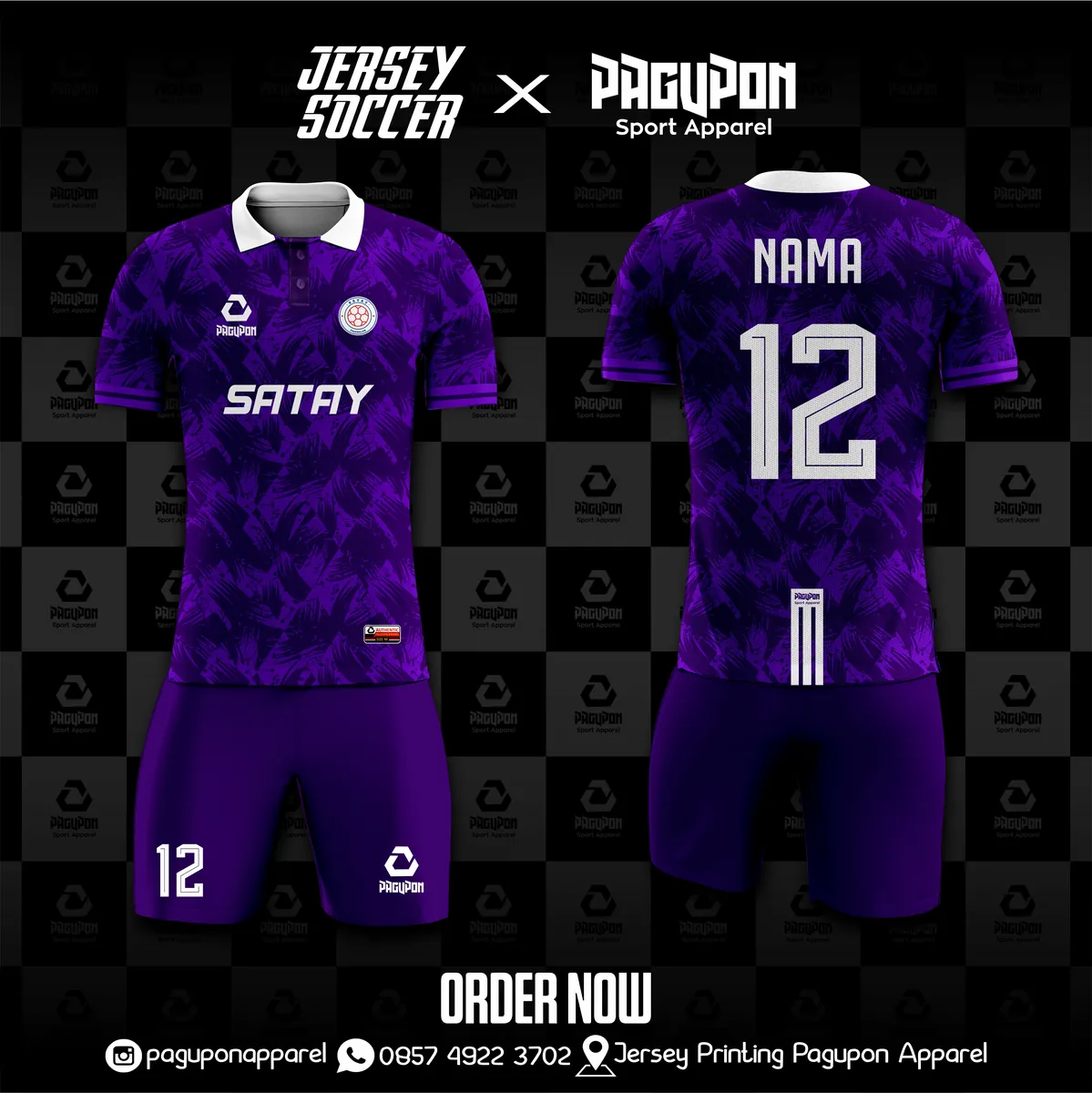 Jersey sepak bola custom Satay FC Biru Muda, warna biru muda putih, kerah Polo, tampak depan dan belakang, varian 2