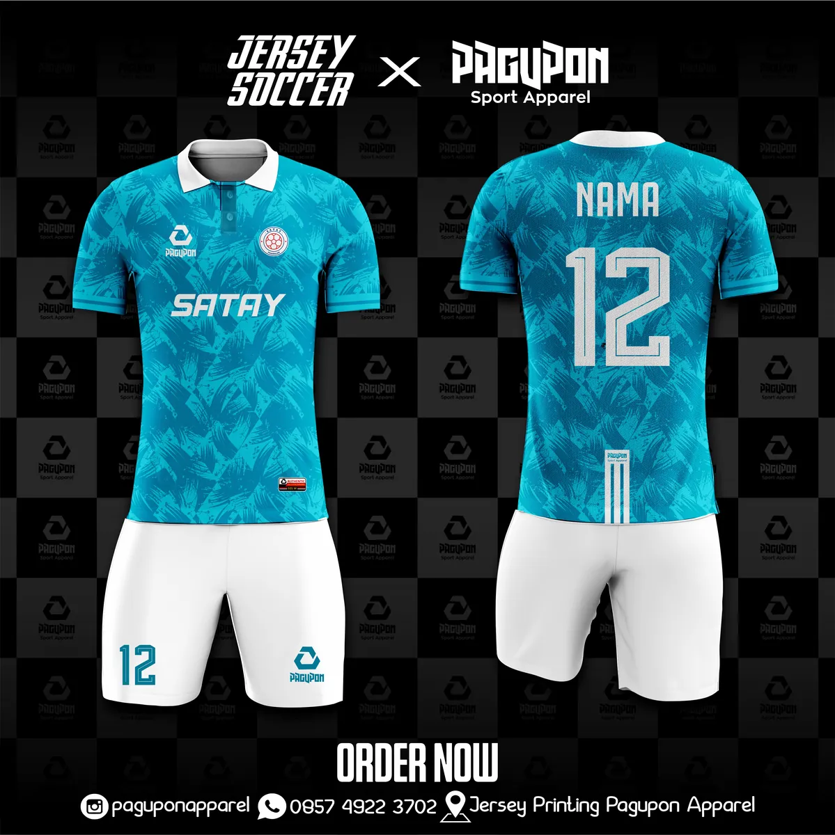 Jersey sepak bola custom Satay FC Biru Muda, warna biru muda putih, kerah Polo, tampak depan dan belakang