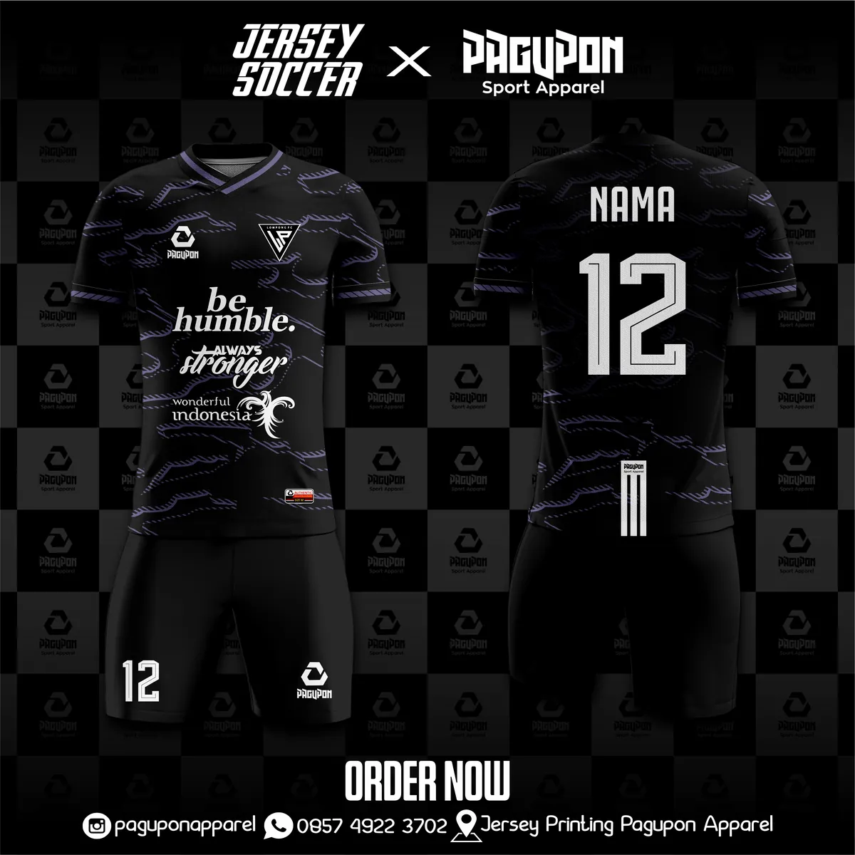 Jersey sepak bola custom Be Humble Always Stronger Hitam, warna hitam ungu, kerah Polo, tampak depan dan belakang