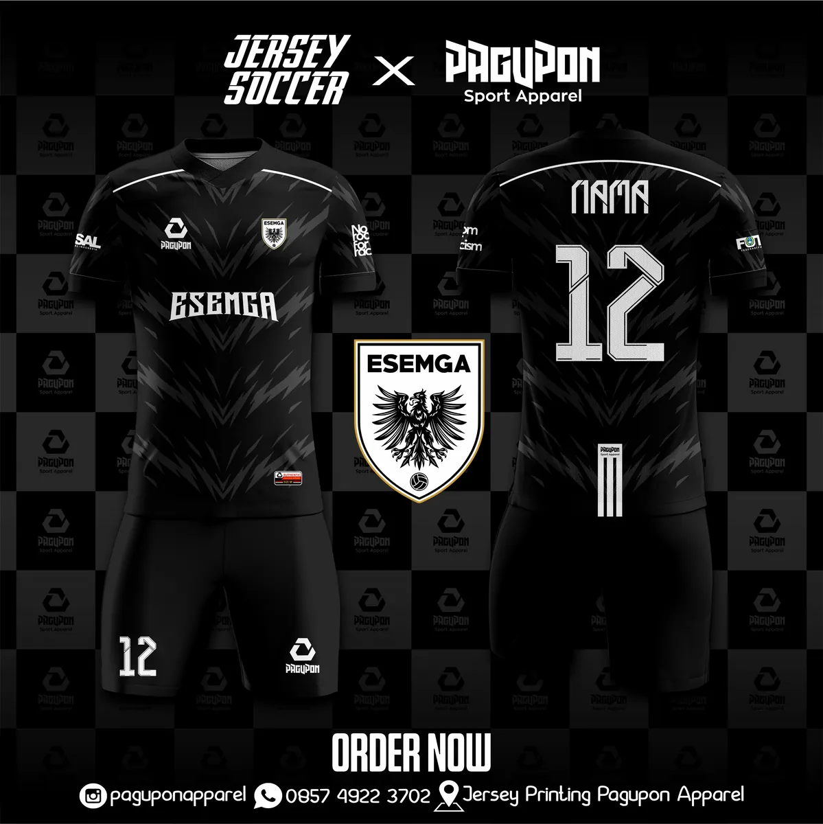 Jersey sepak bola custom Esemga Putih, warna putih hitam, kerah V-Neck, tampak depan dan belakang, varian 2