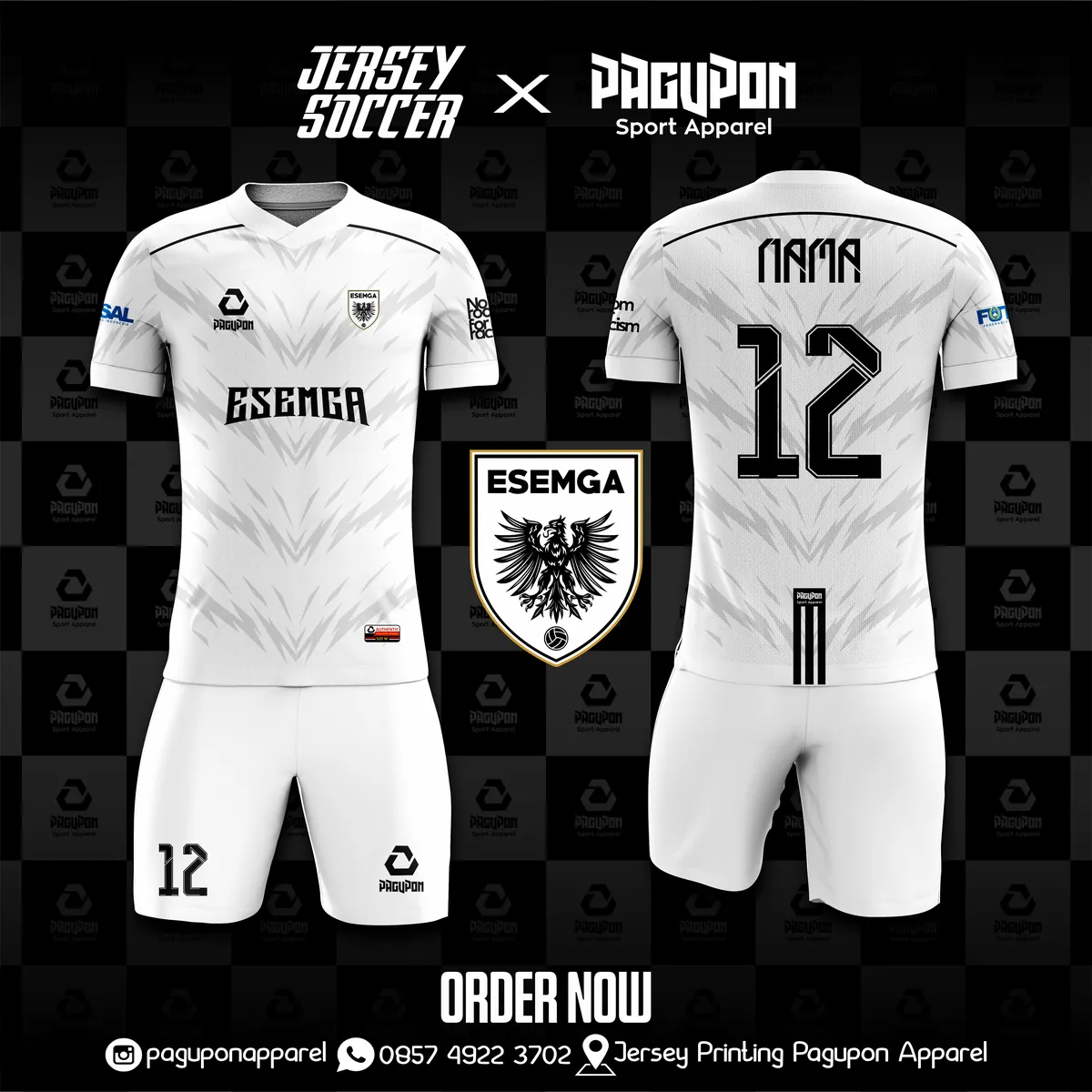 Jersey sepak bola custom Esemga Putih, warna putih hitam, kerah V-Neck, tampak depan dan belakang