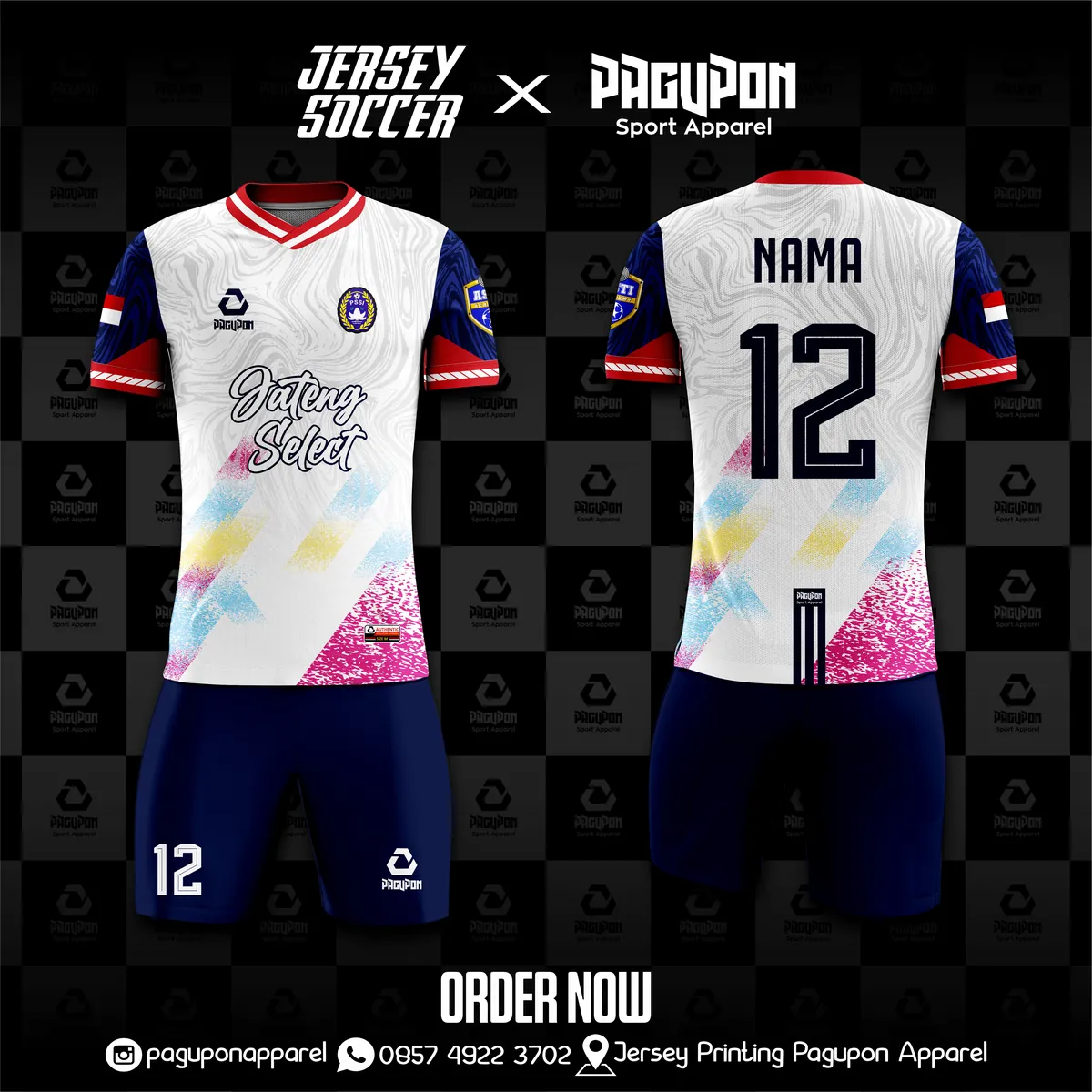 Jersey sepak bola custom Jateng Select Putih, warna putih navy pink, kerah V-Neck, tampak depan dan belakang