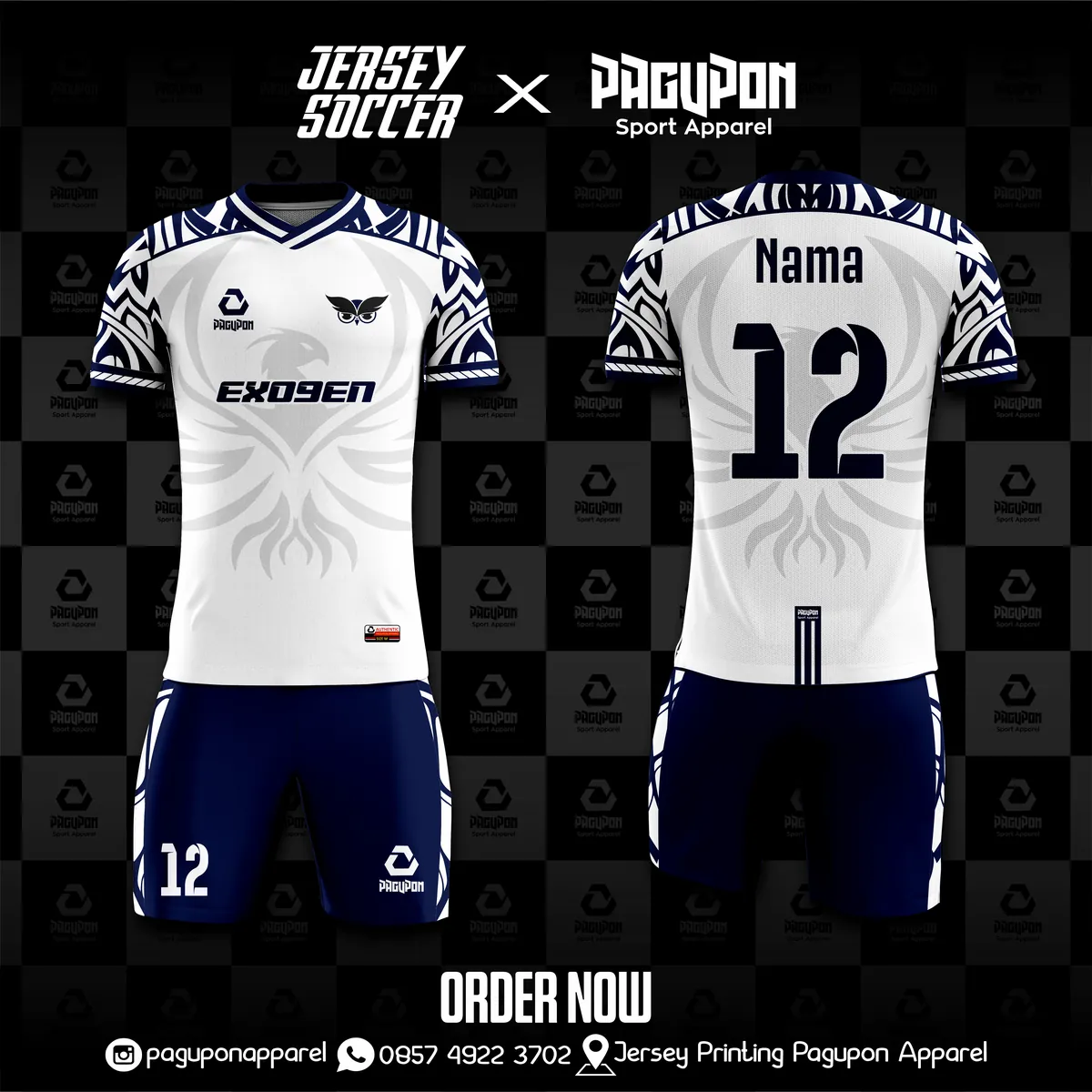 Jersey sepak bola custom Exogen Putih, warna putih navy, kerah V-Neck, tampak depan dan belakang