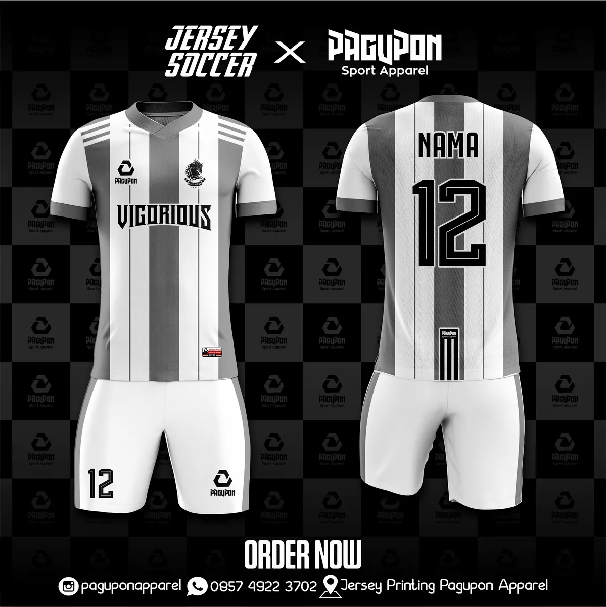 Jersey sepak bola custom Vigorious Biru, warna biru navy, kerah V-Neck, tampak depan dan belakang, varian 2